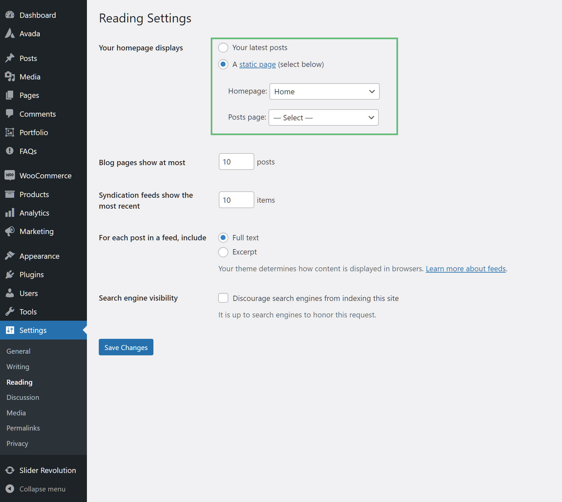 WordPress Static Page Setting