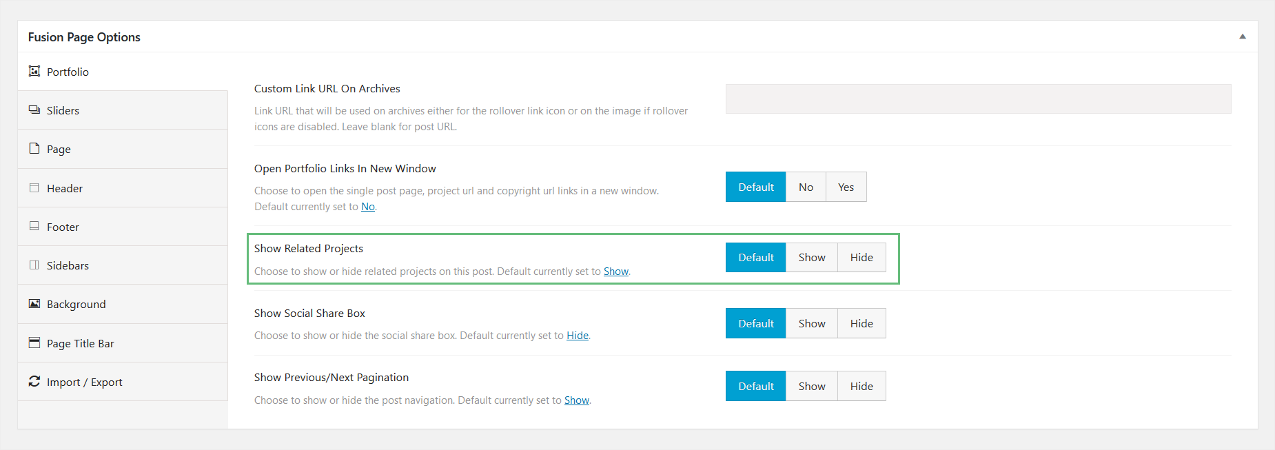 Avada Page Options > Related Projects