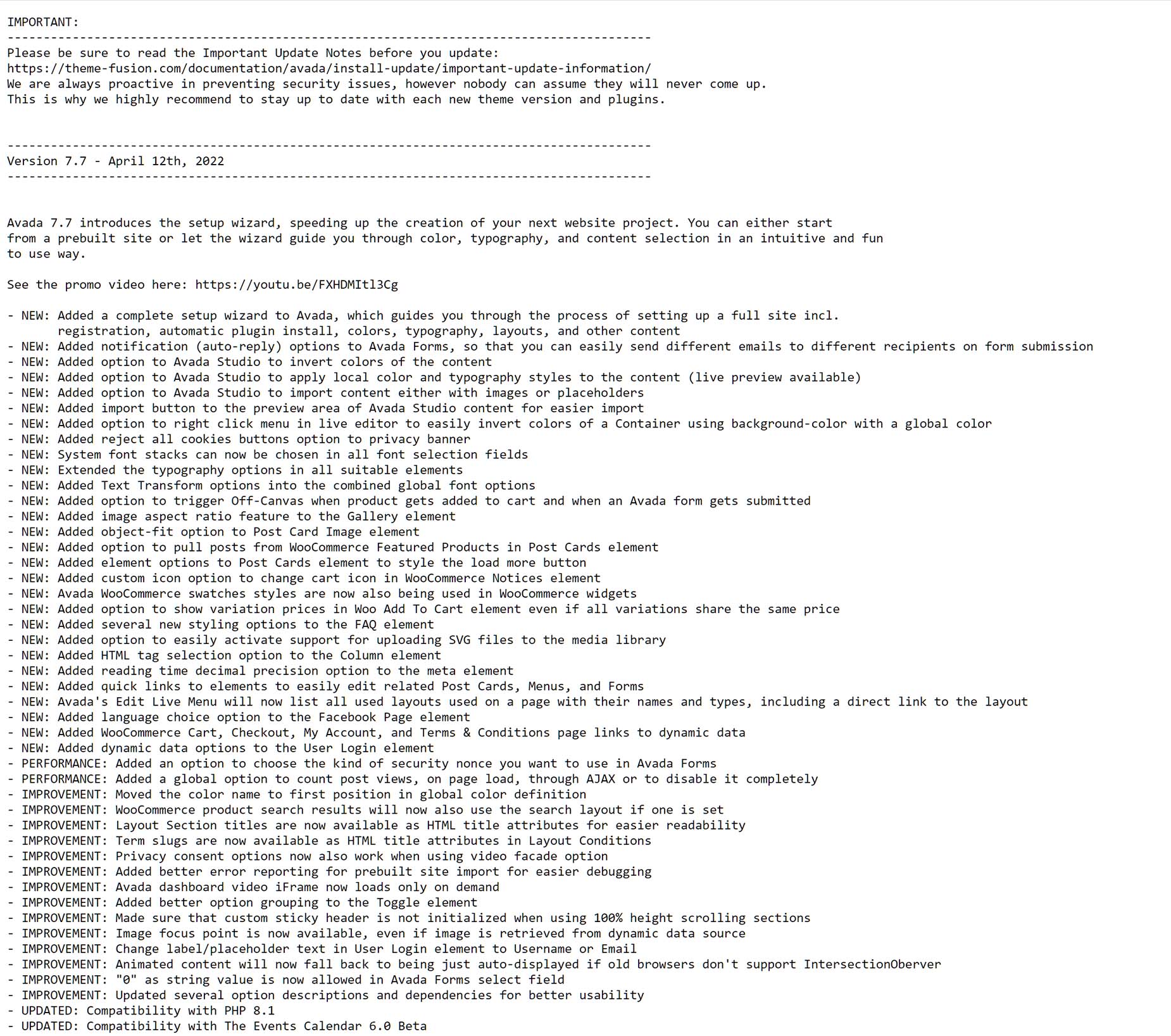 Avada Dashboard > Changelog