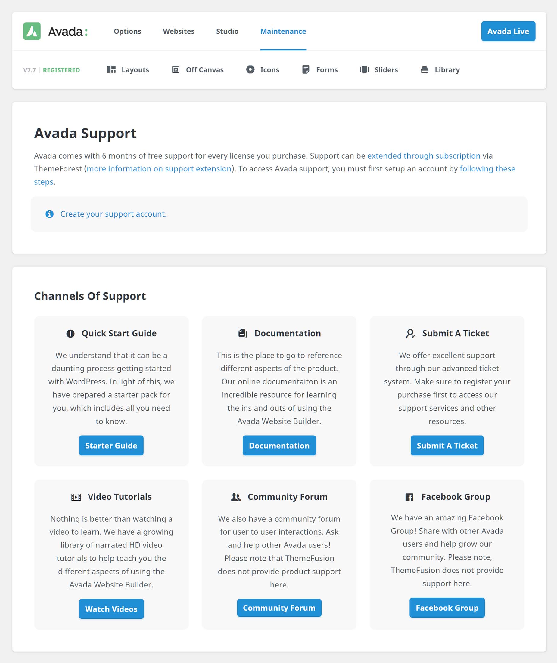 Avada Dashboard > Support
