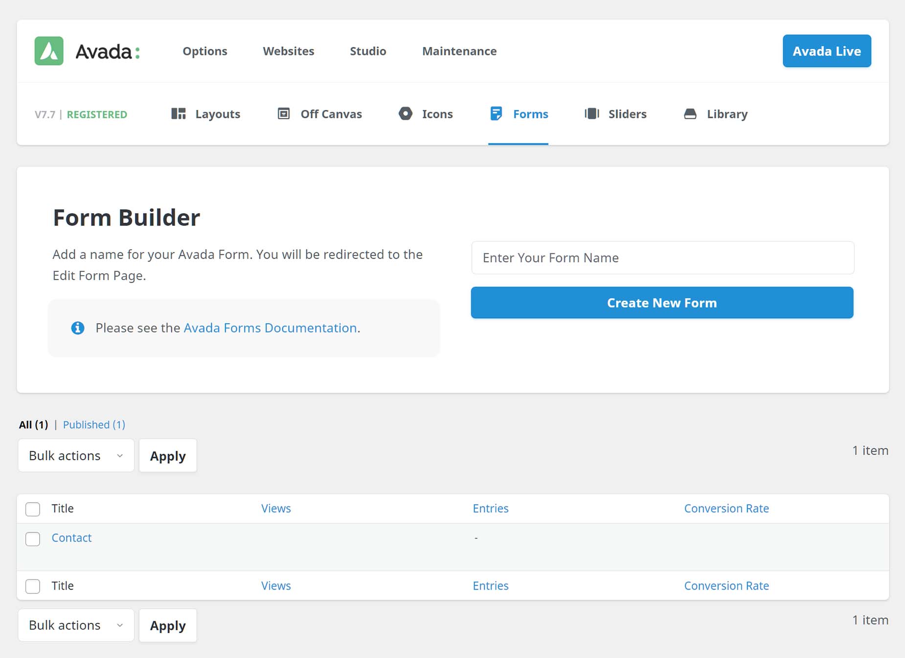Avada Dashboard > Avada Forms
