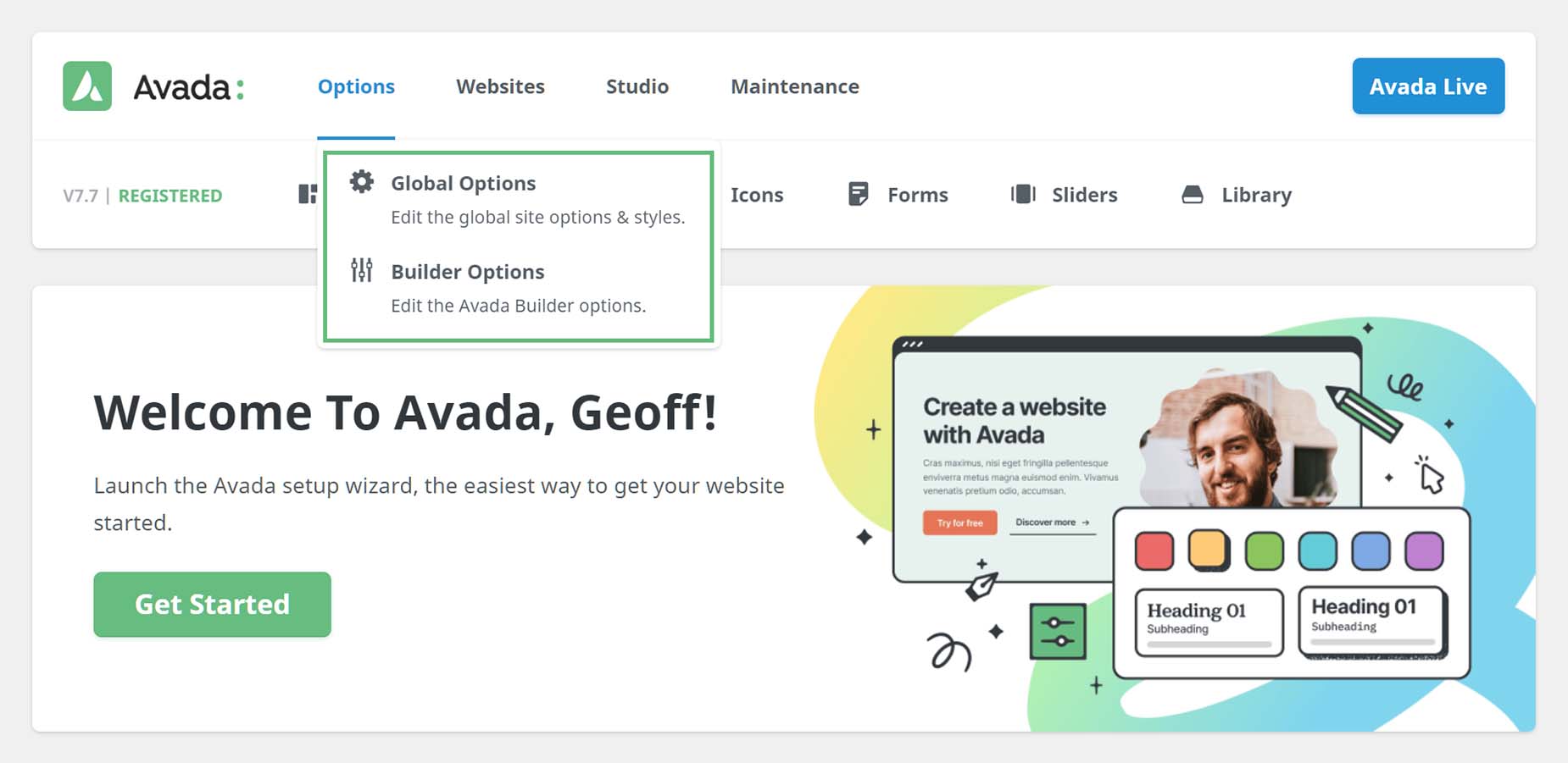 Avada Dashboard >Options