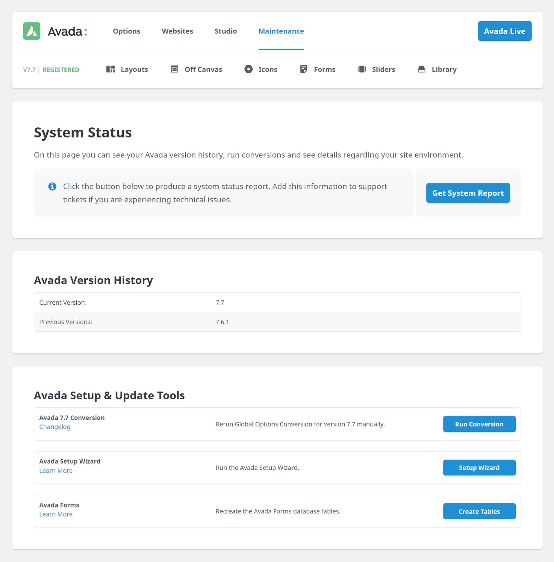 Avada Dashboard > System Status