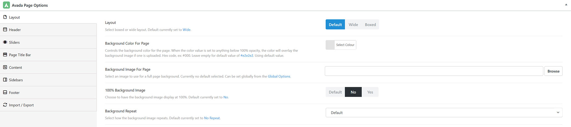 Avada Page Options - Layout Tab