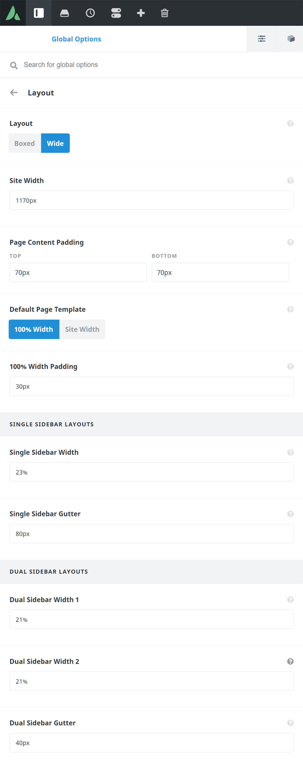 Avada Global Options - Layout
