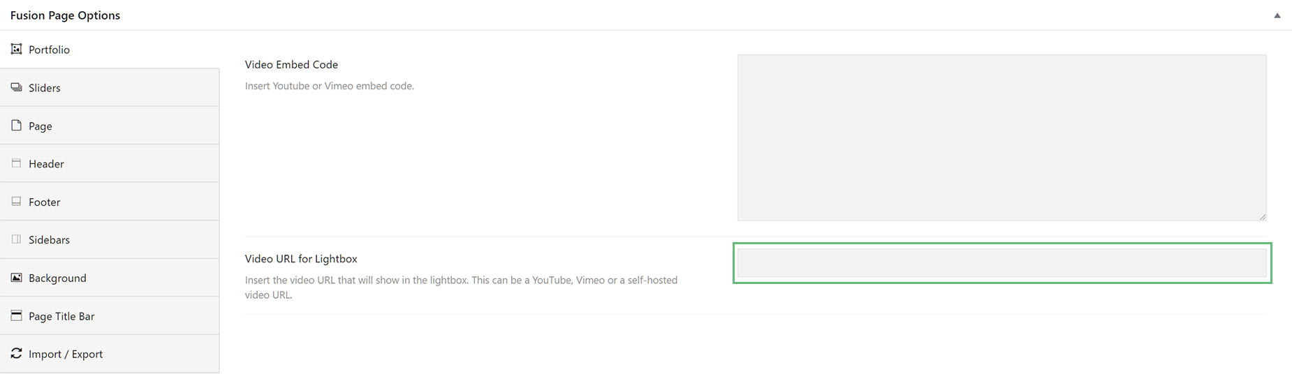 Portfolio Video URL Page for Lightbox Option