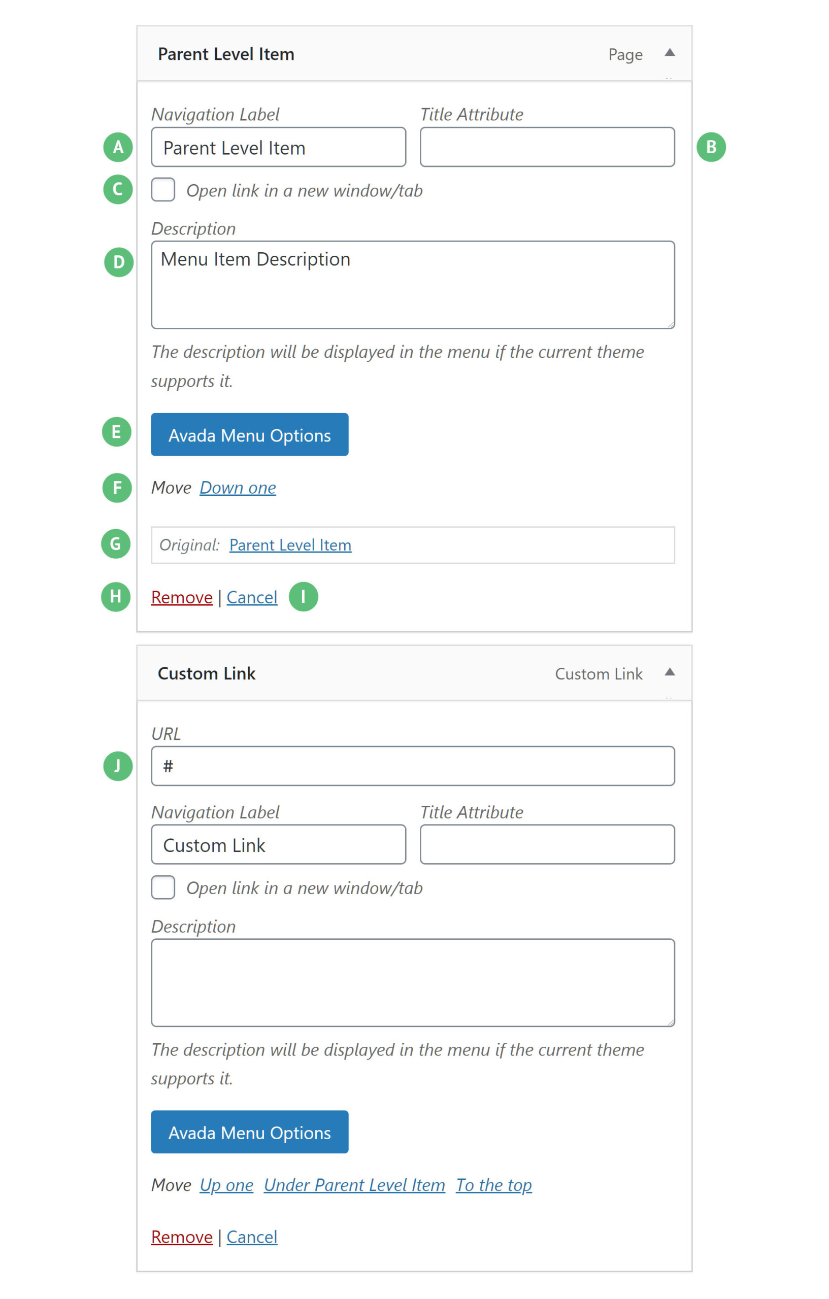 Parent and Custom Menu Item Options