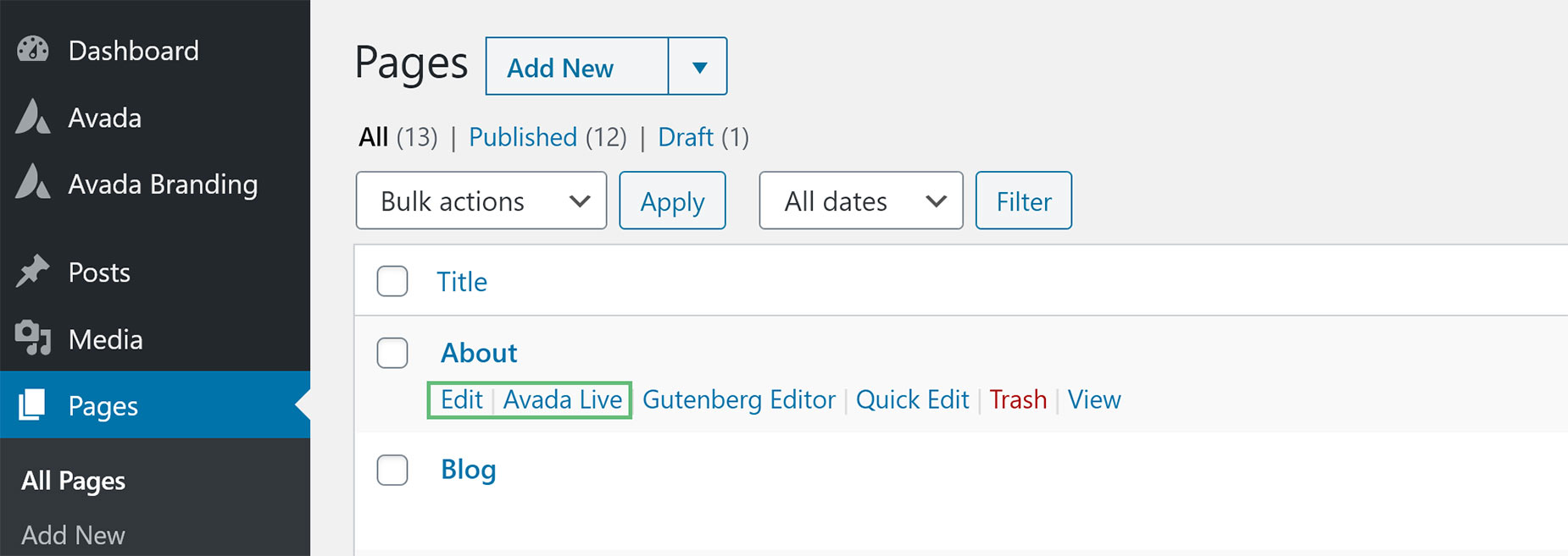 WordPress Pages > Edit Links