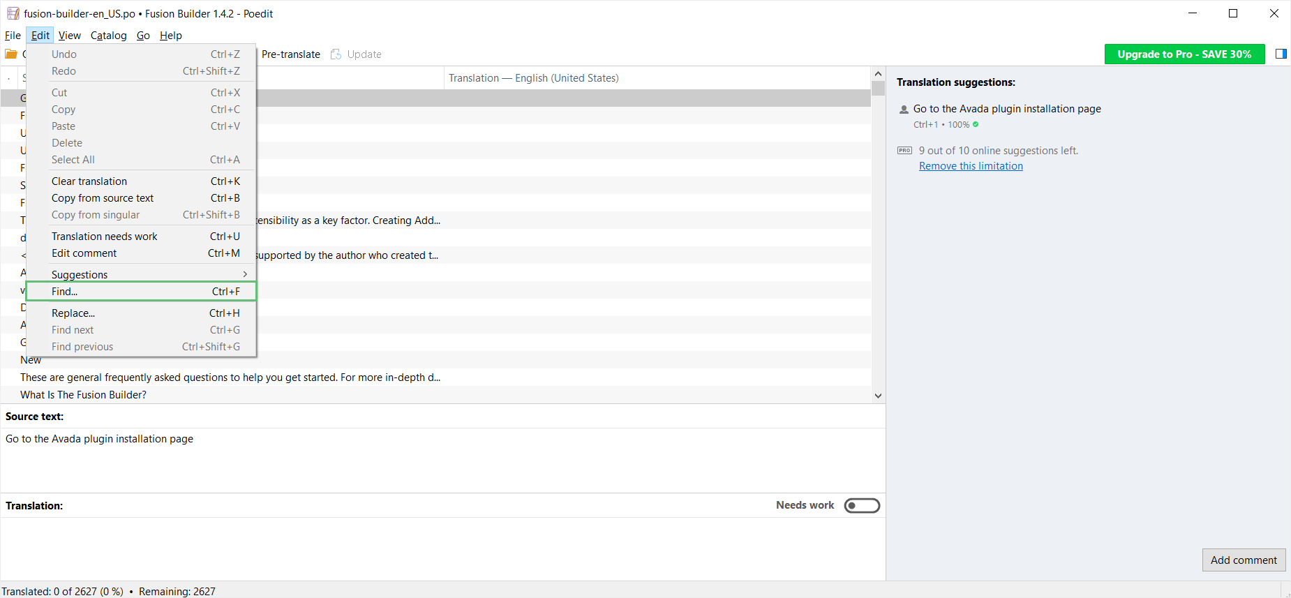 Avada Builder Translation Poeditor - Find
