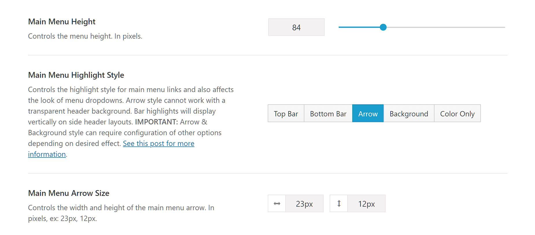 Menu Highlight Styles - Arrow Style Settings