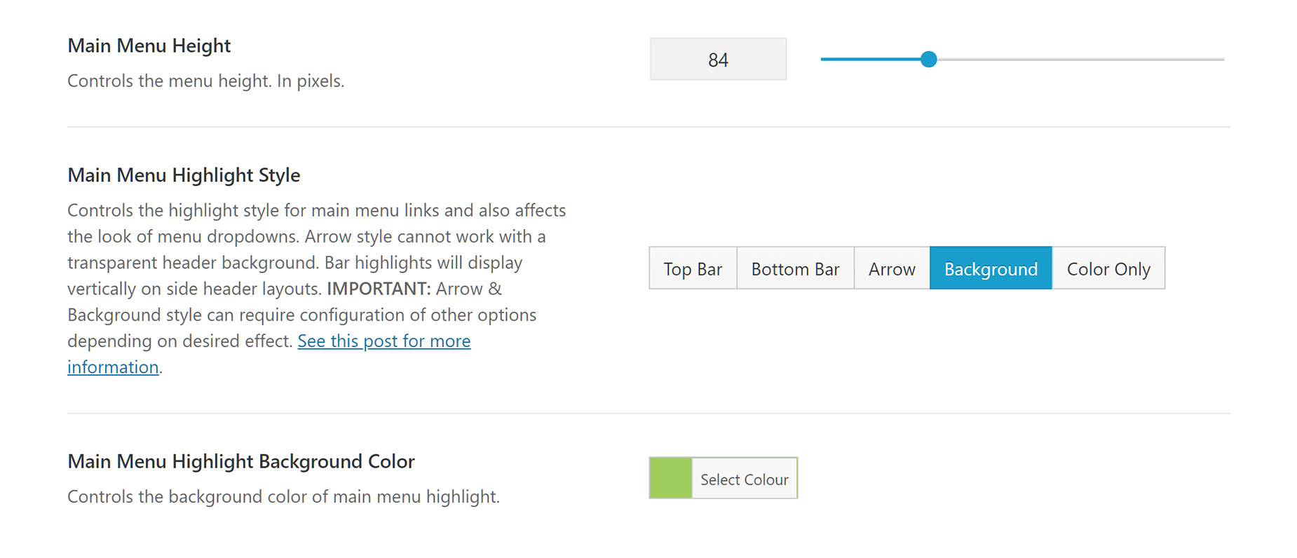 Menu Highlight Styles - Background Style Settings