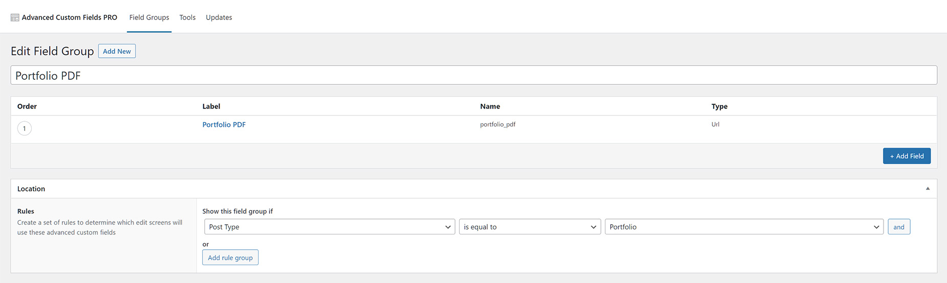 ACF Pro > Create Custom Field