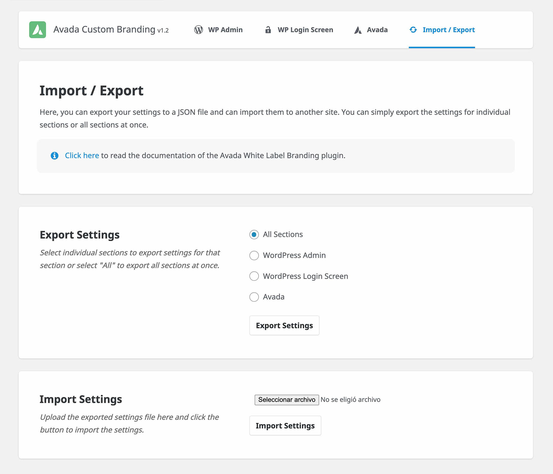Avada Custom Branding > Import / Export Settings