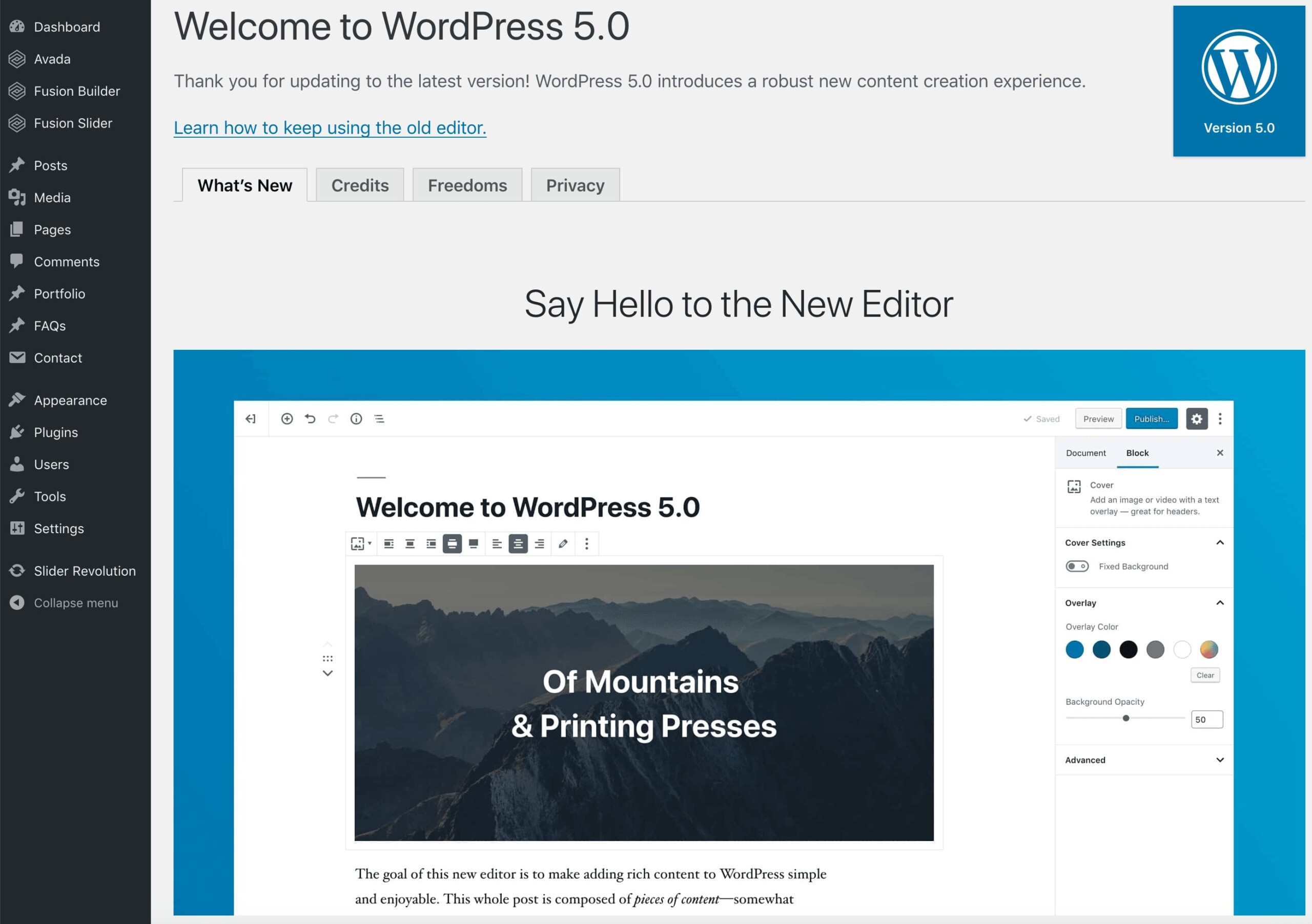 WP Gutenberg Welcome WordPress 5.0 Welcome Screen