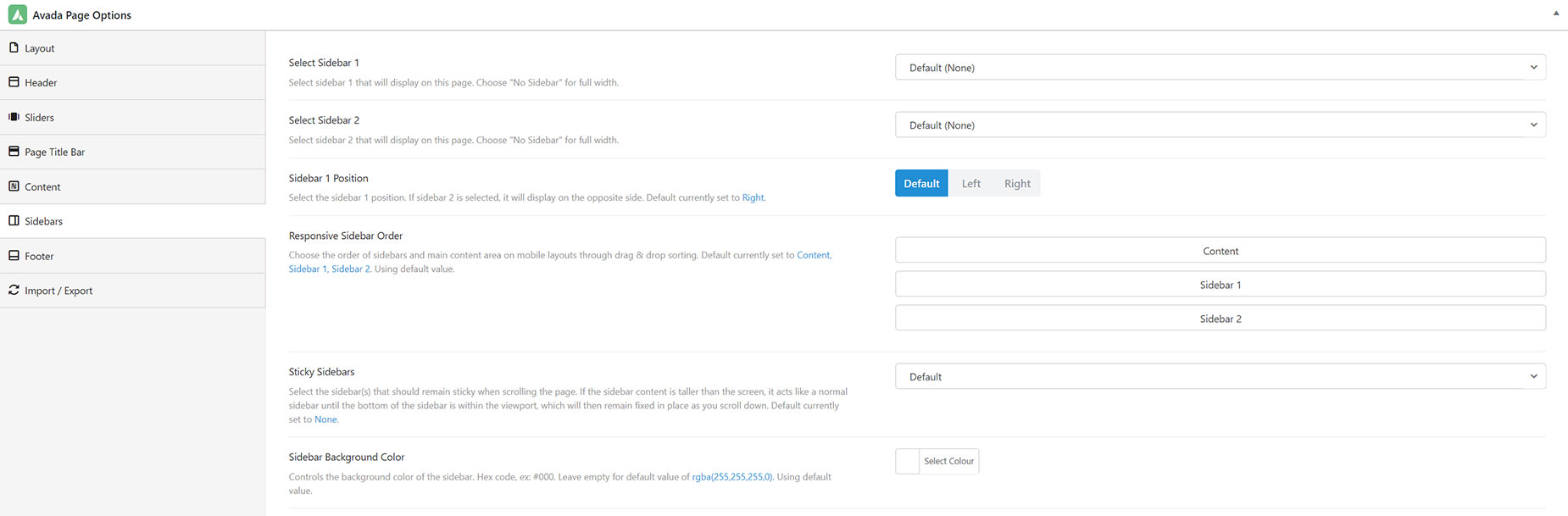 Avada Page Options - Sidebars Tab