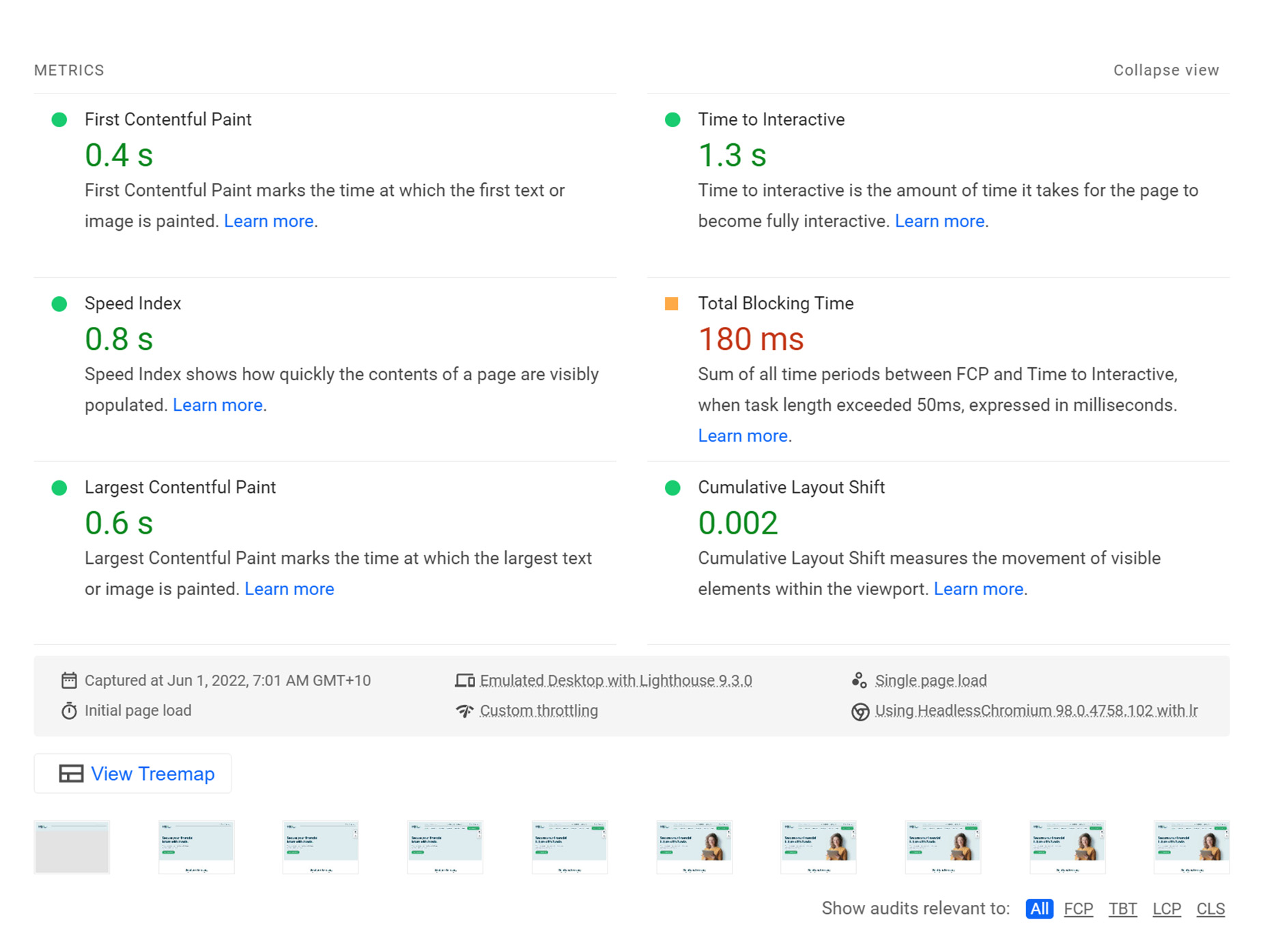 PageSpeed Insights > Metrics