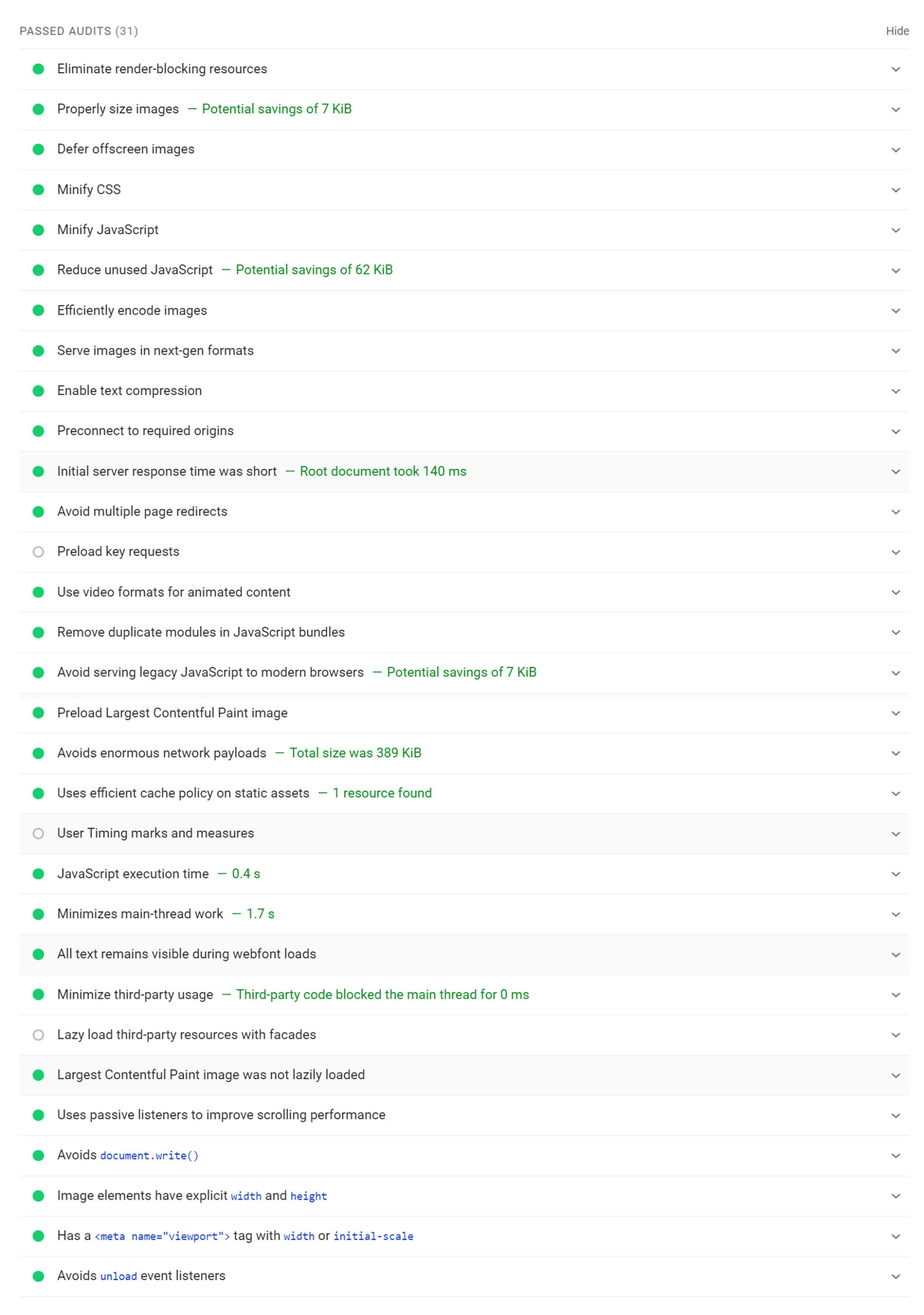 PageSpeed Insights > Passed Audits