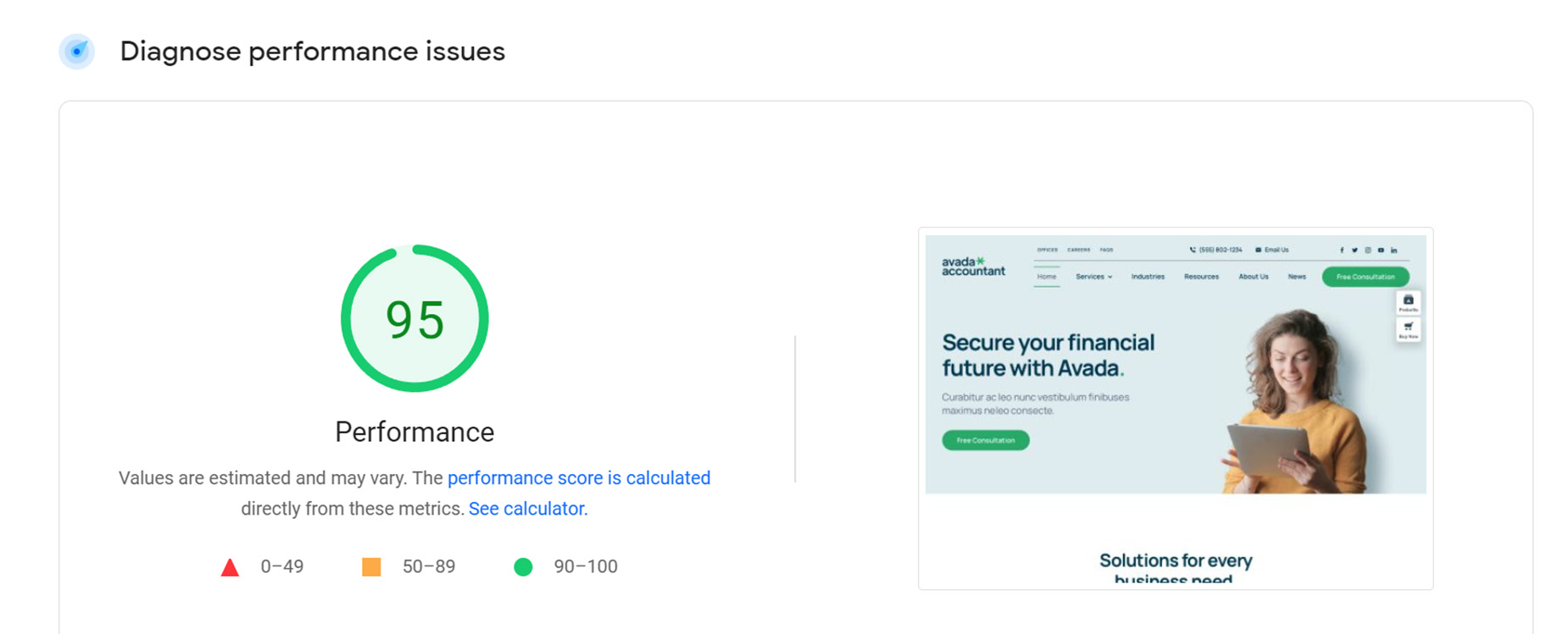 PageSpeed Insights > Core Web Vitals > Performance Summary