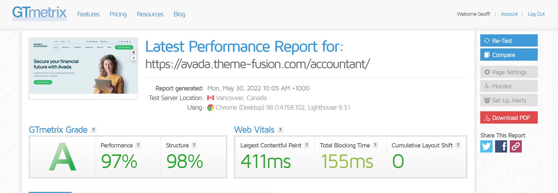 GTmetrix > Performance Report