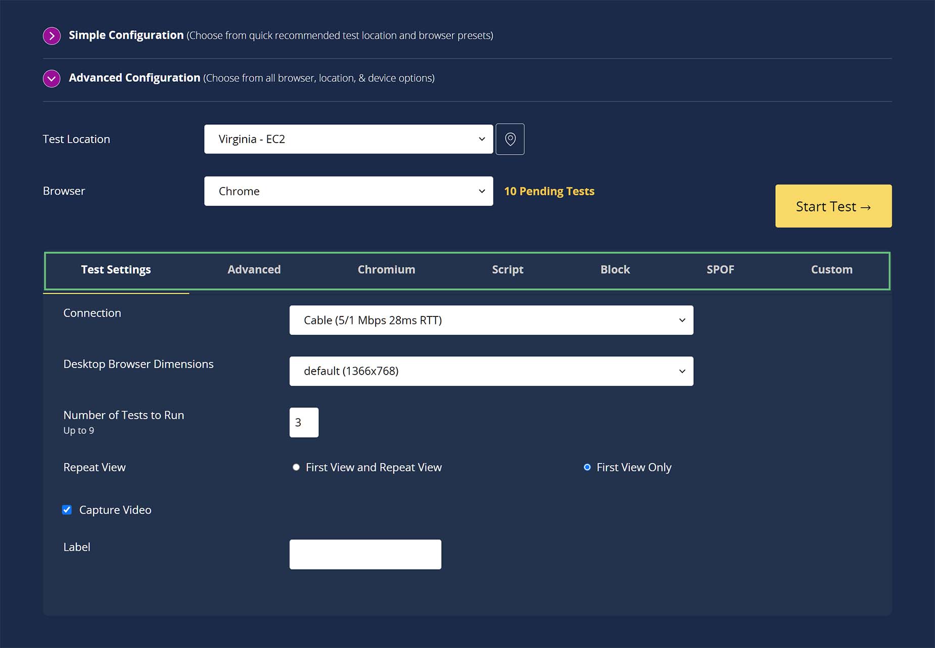 WebPageTest > Advanced Configuration