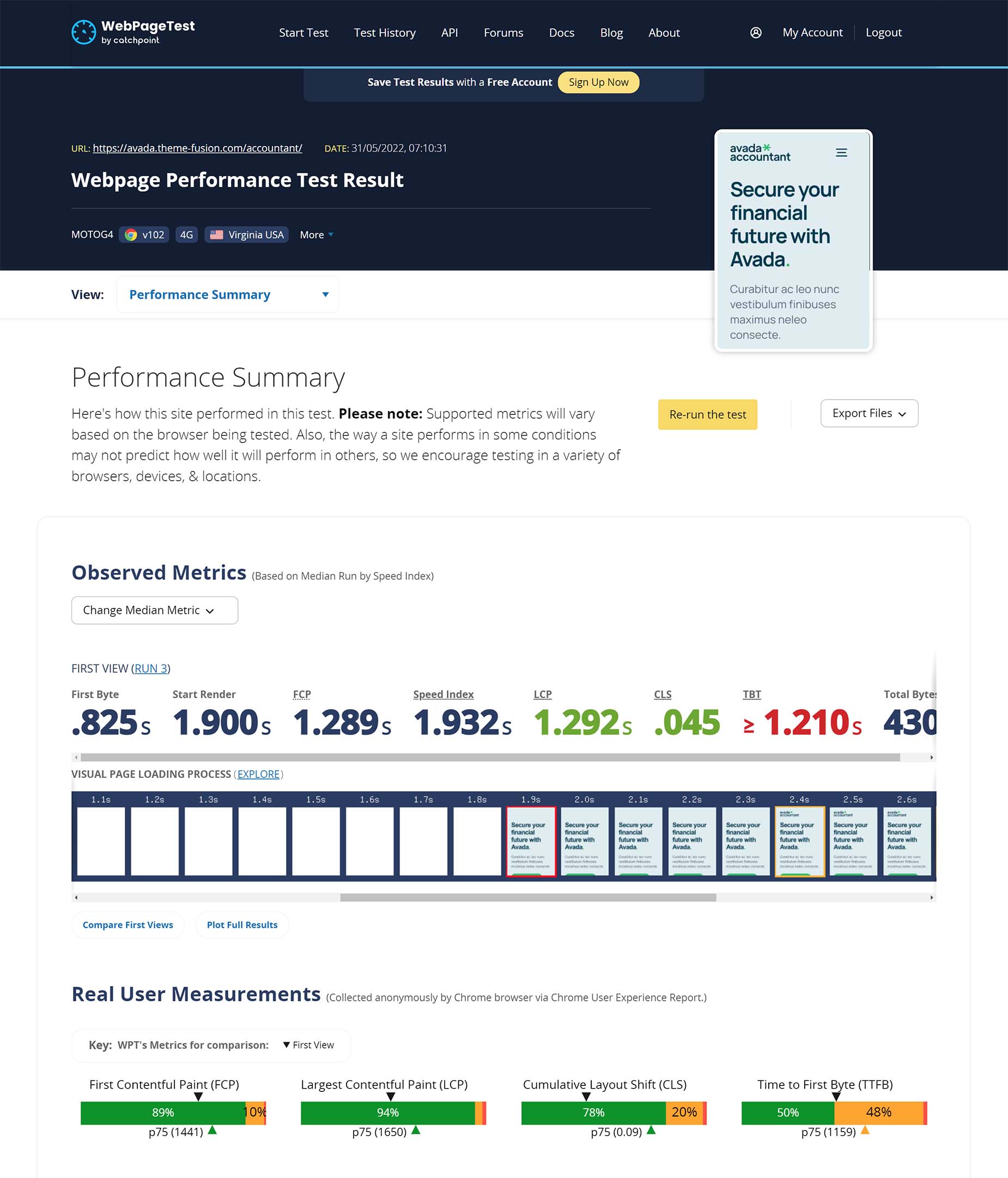 WebPageTest > Performance Summary