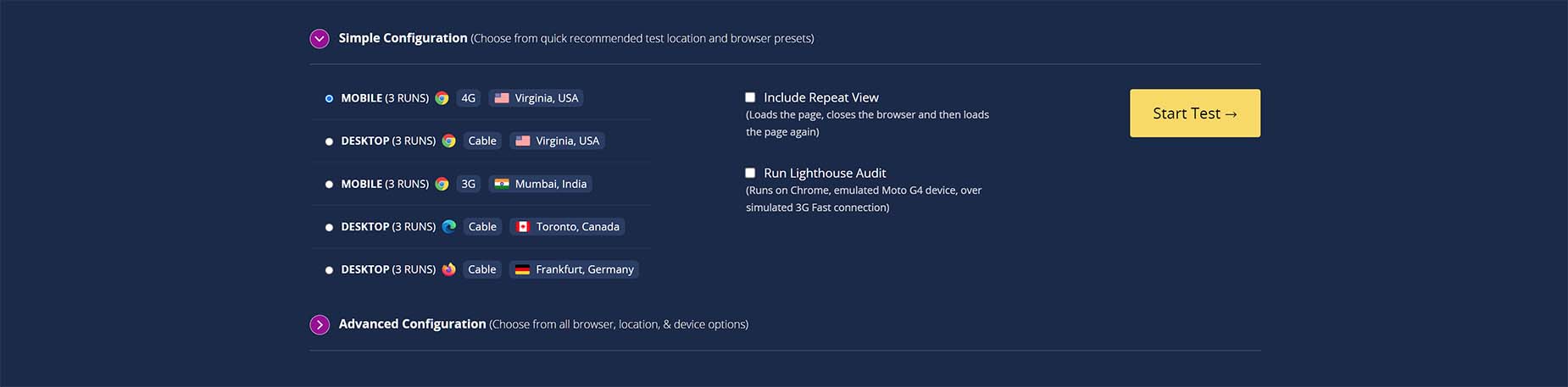 WebPageTest > Simple Configuration