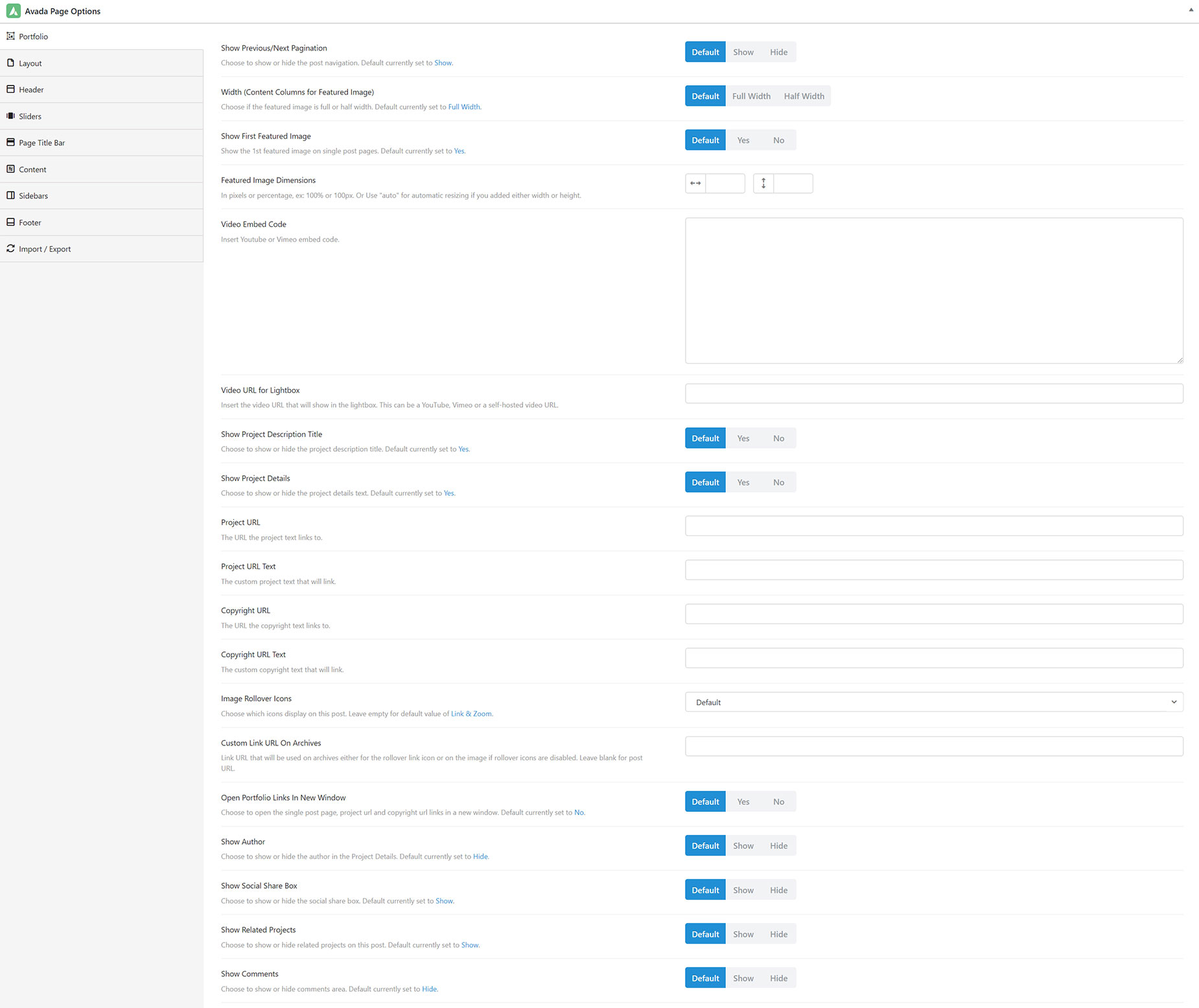 Avada Page Options - Portfolio Tab