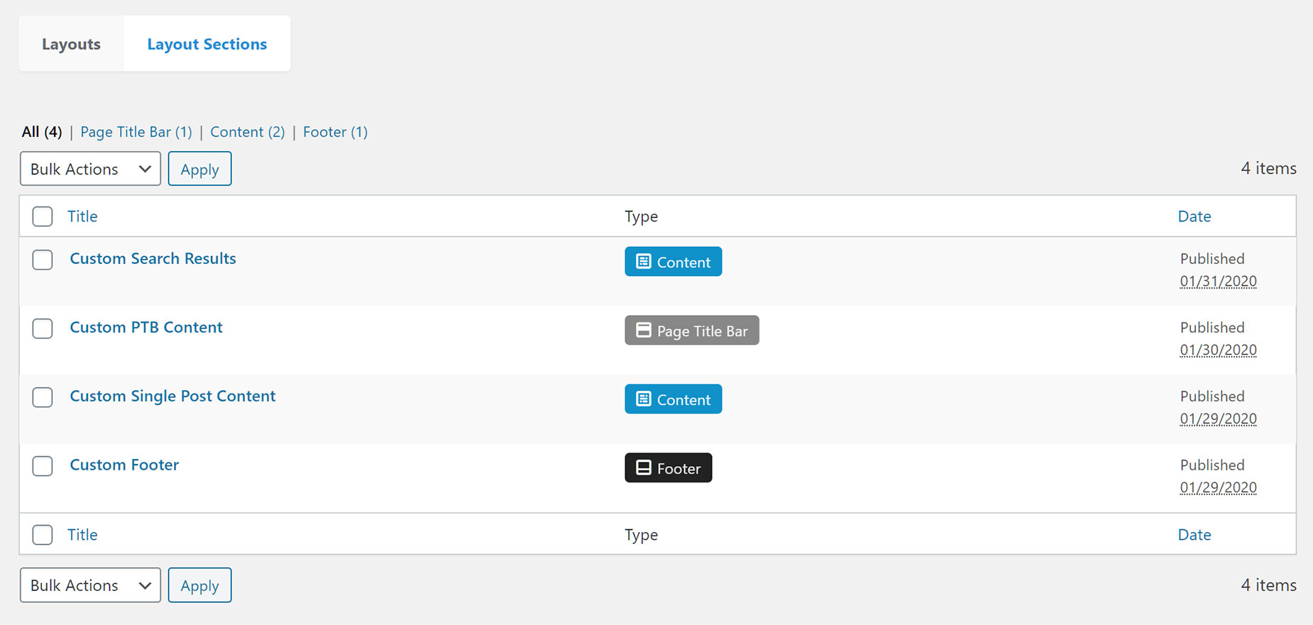 Layout Sections Tab