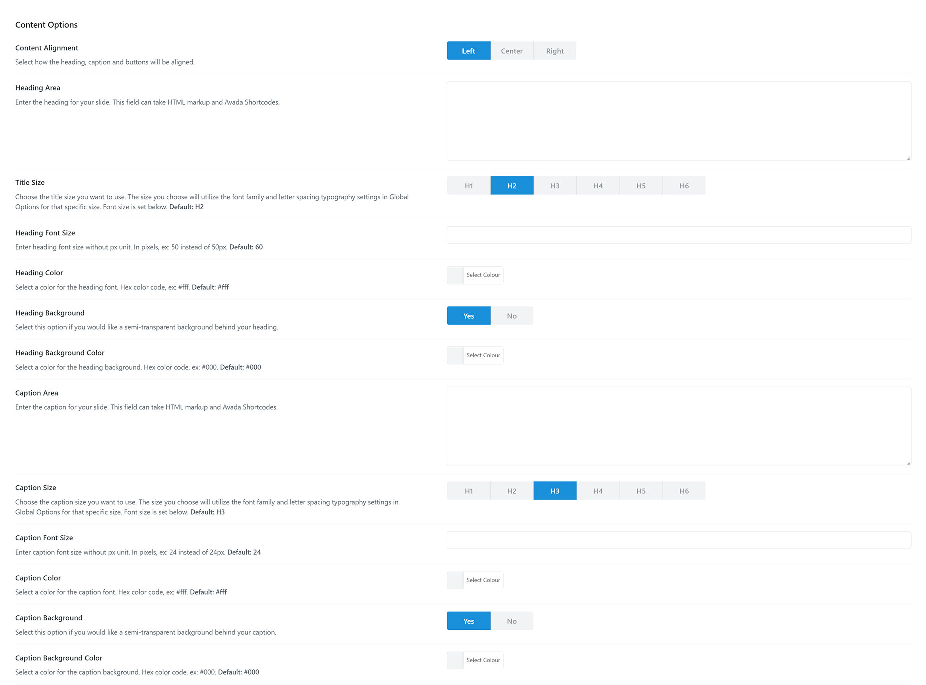 Avada Slide Content Settings