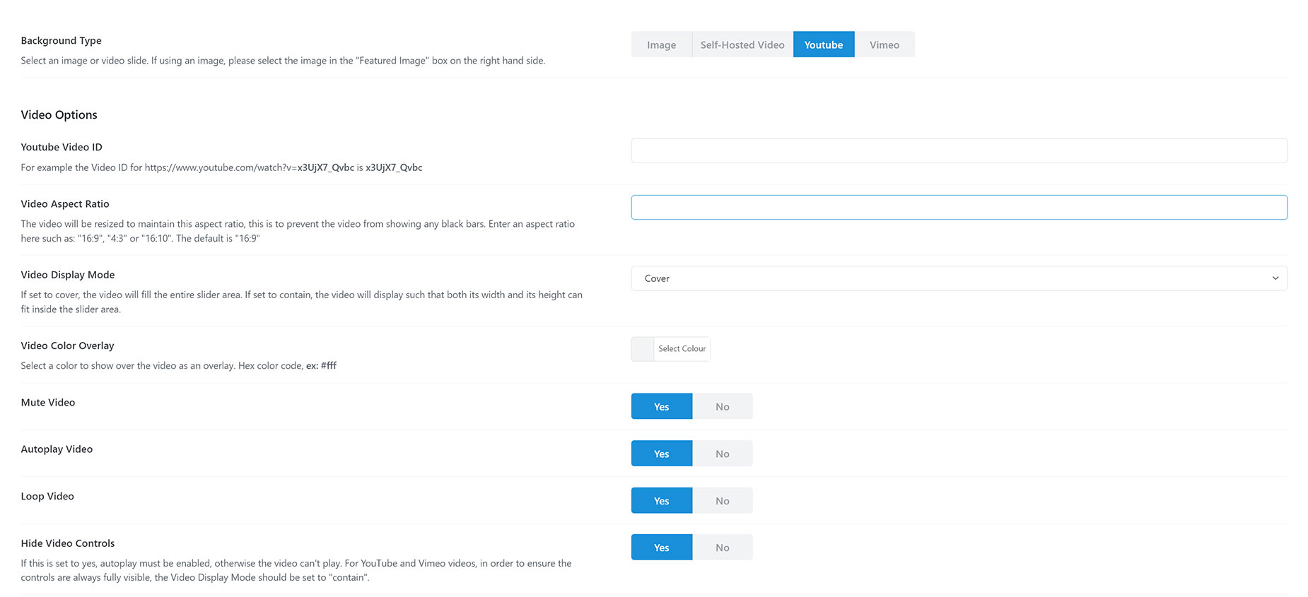 Avada Slide YouTube Video Options