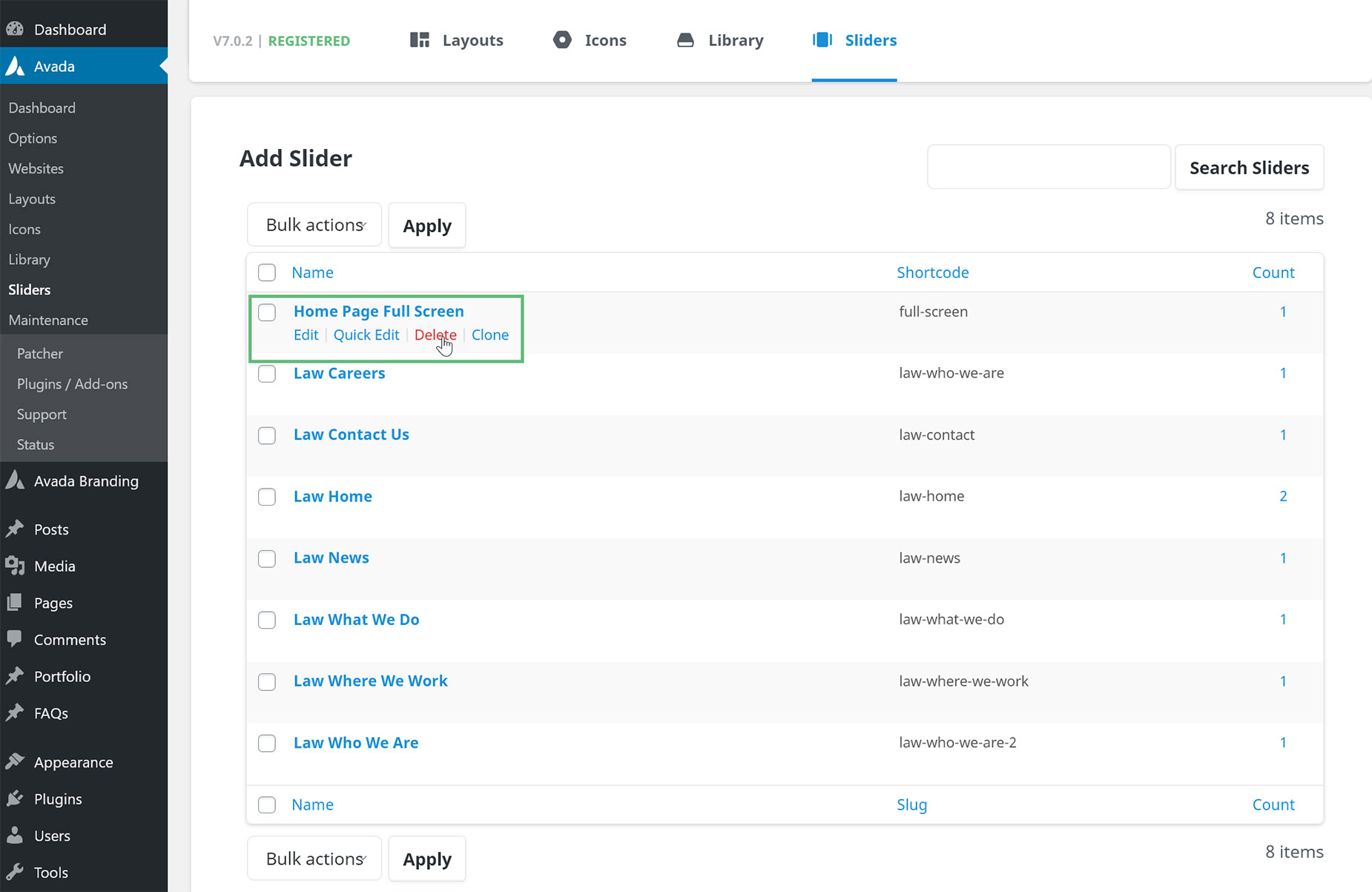 Avada Slider Edit Options