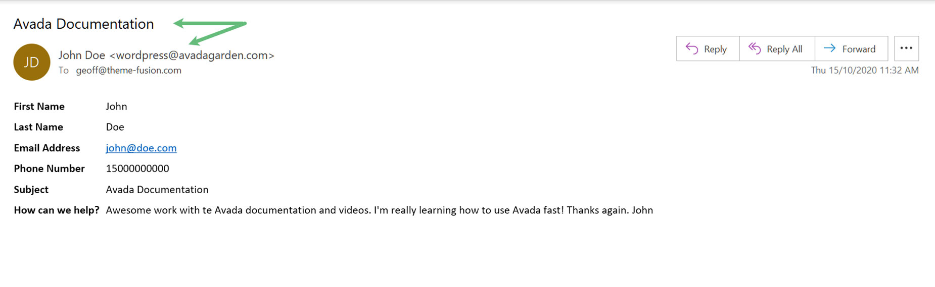 Avada Form > Email Received