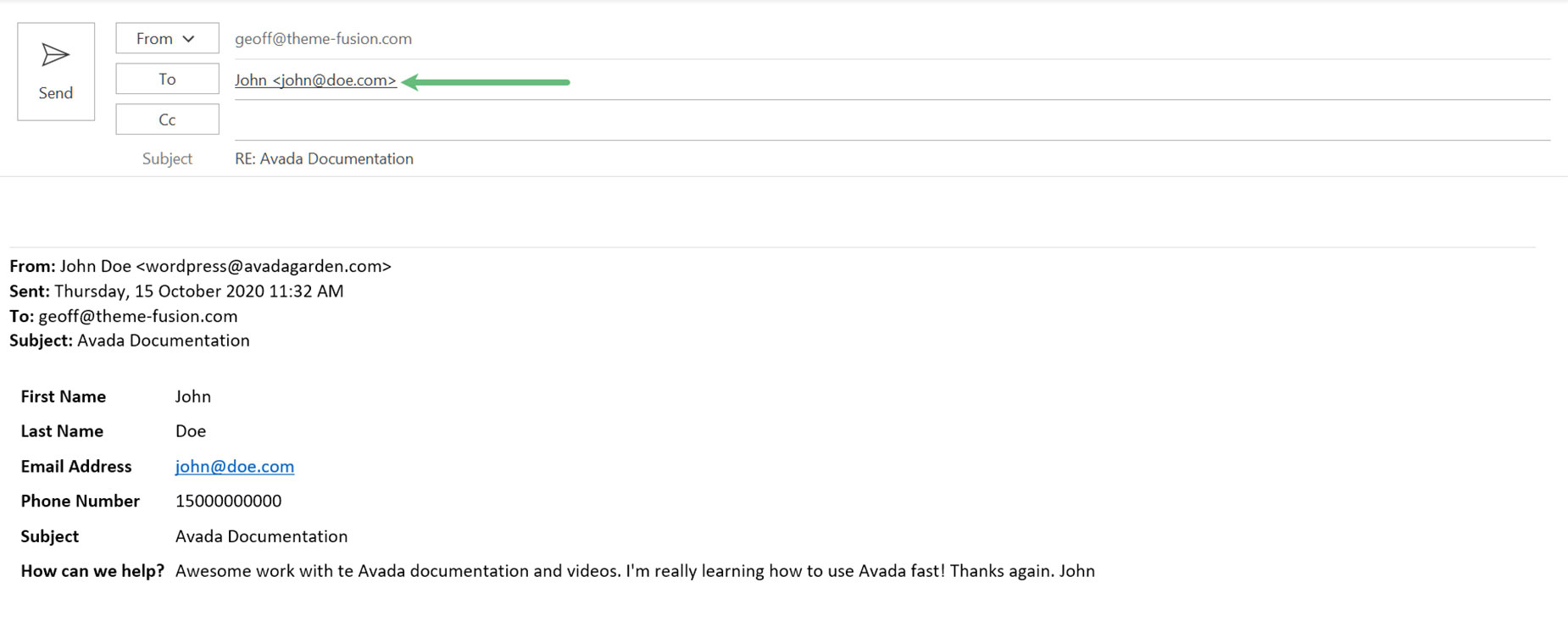 Avada Form > Reply To Email