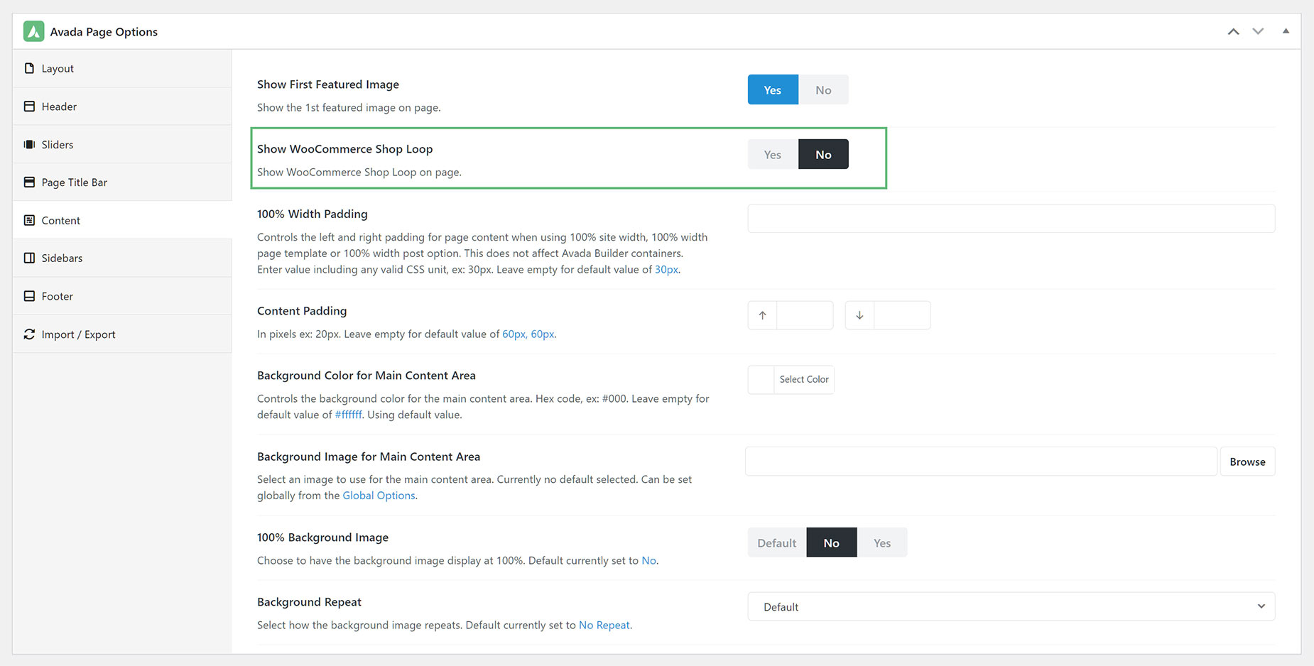 Avada Page Options > Shop Loop