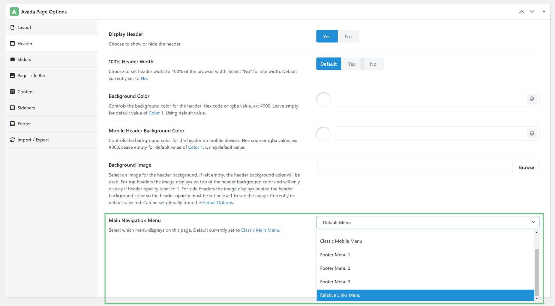 Avada Page Options > Apply Page Menu