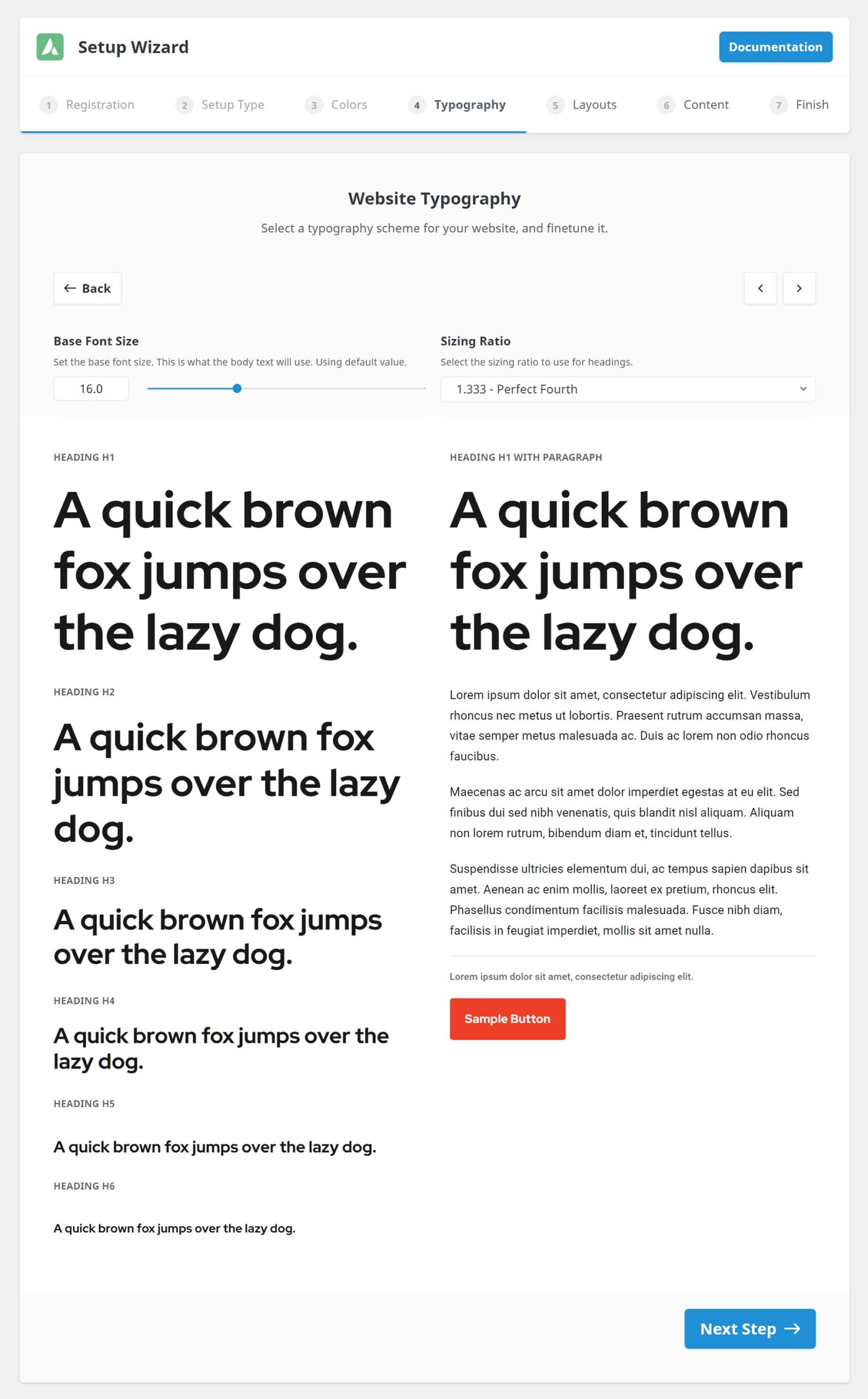 Avada Setup Wizard > Step 4 - Typography