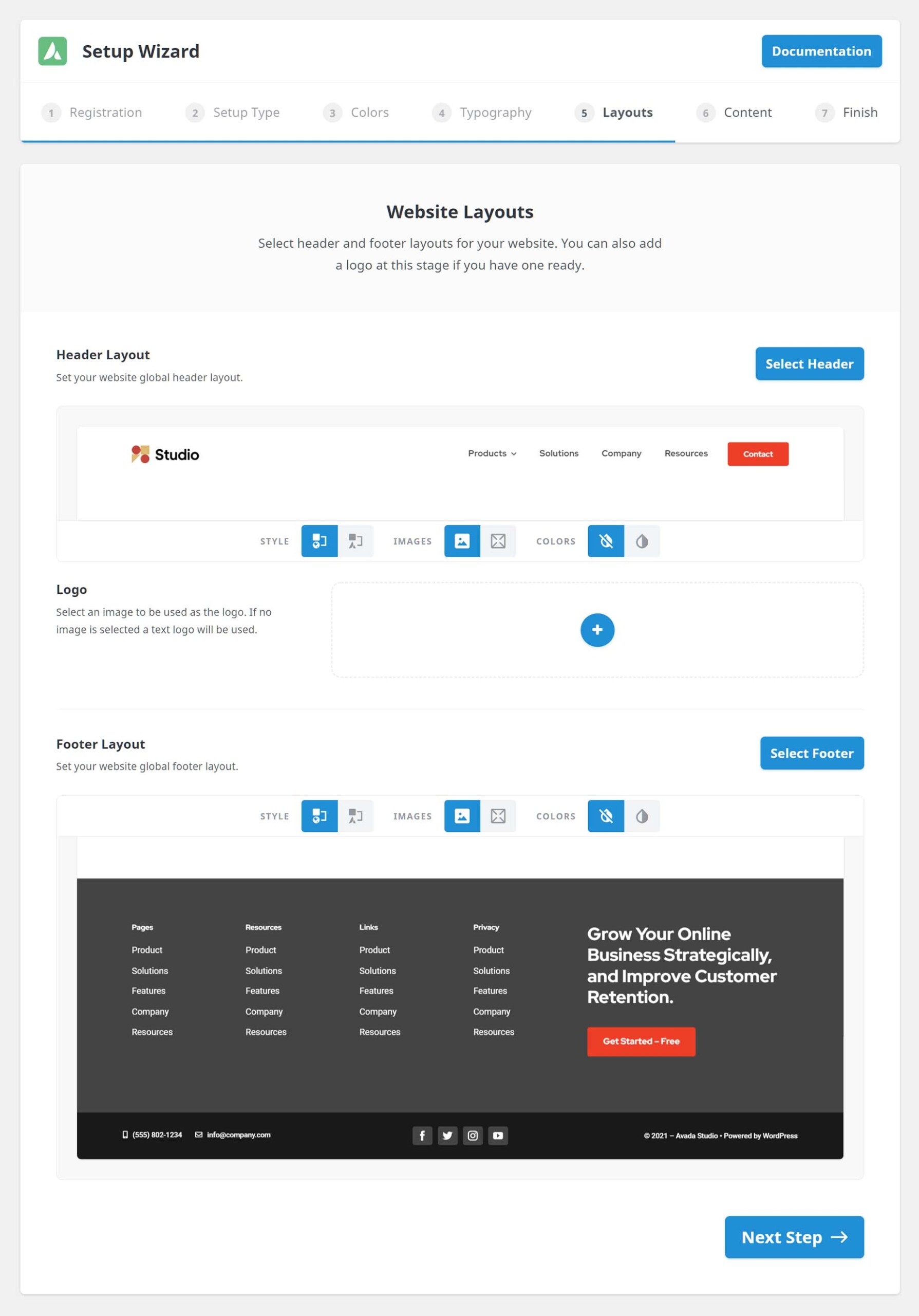 Avada Setup Wizard > Step 5 - Layouts