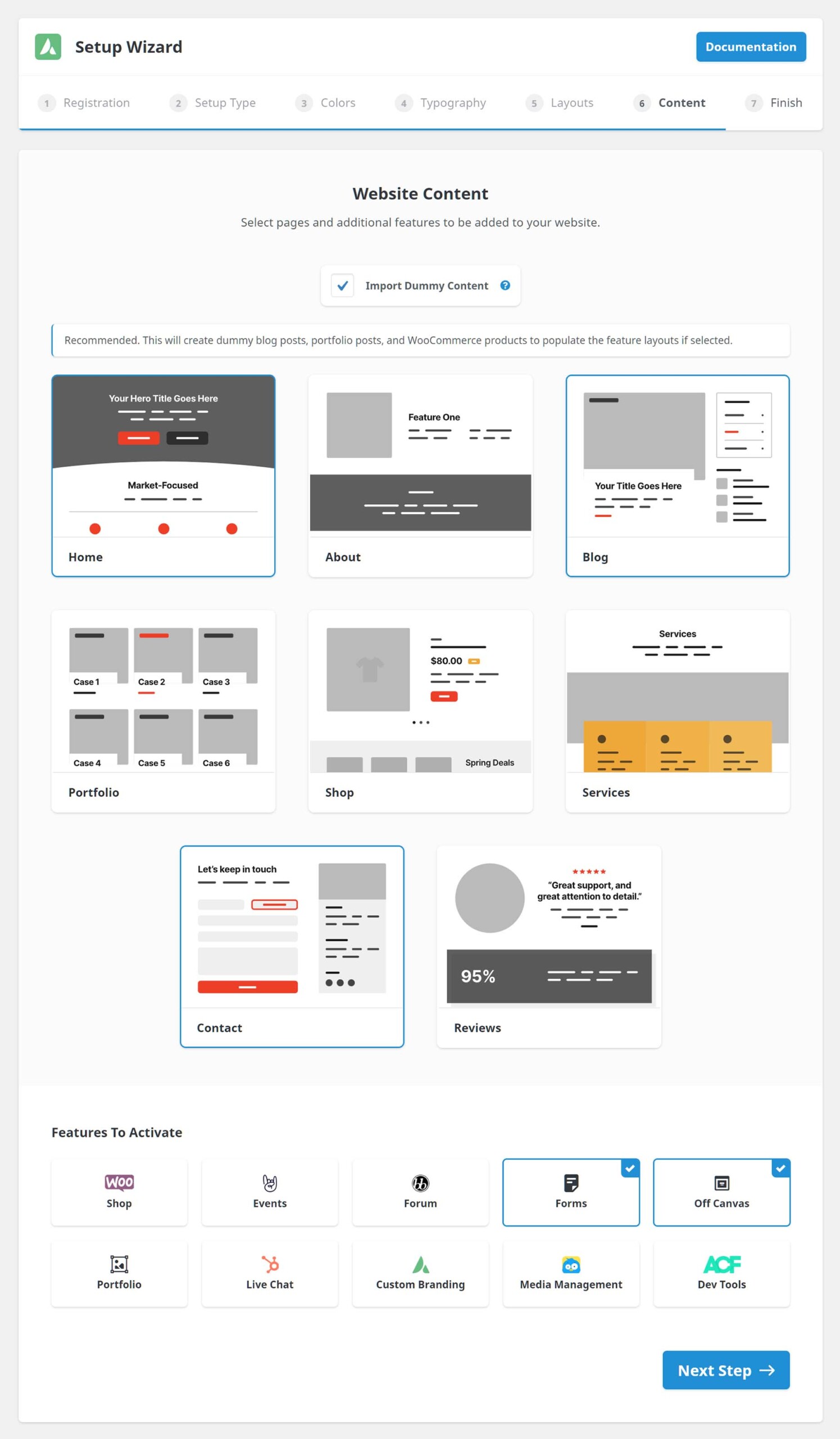Avada Setup Wizard > Step 6 - Content