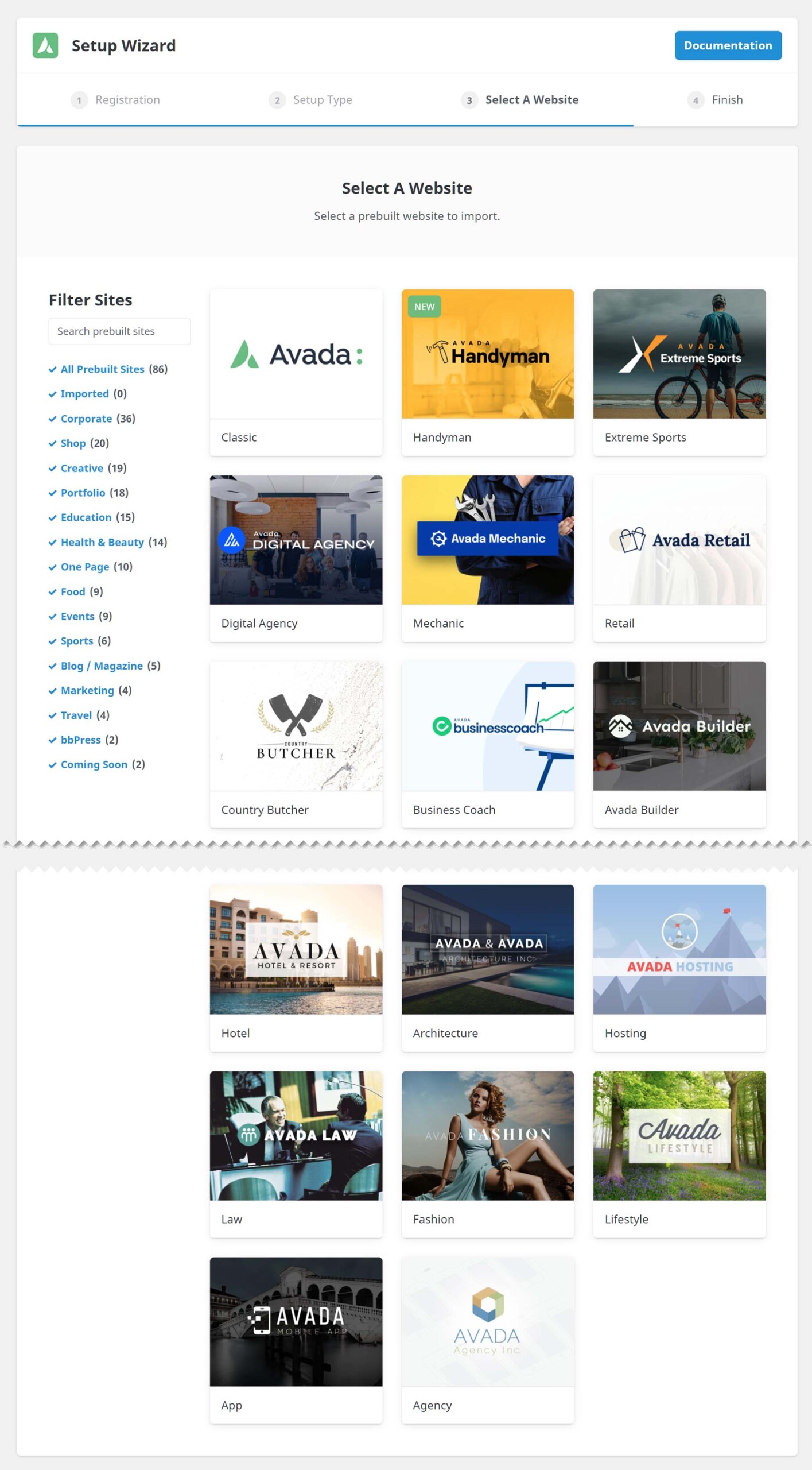 Avada Setup Wizard > Step 3 - Select A Website