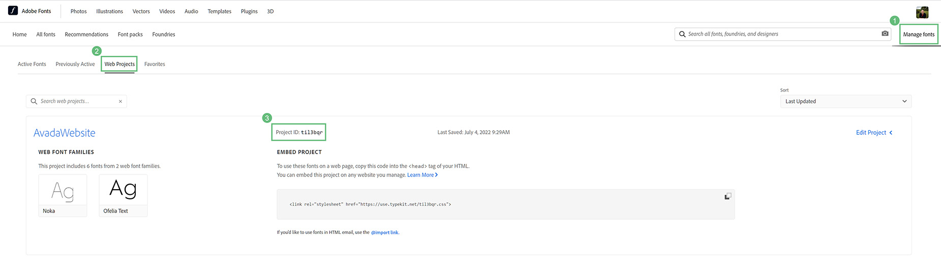 Adobe Fonts > Project ID