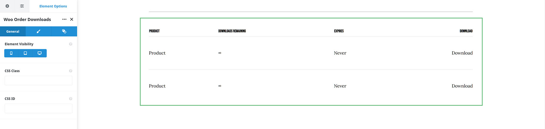 Woo Order Downloads Element