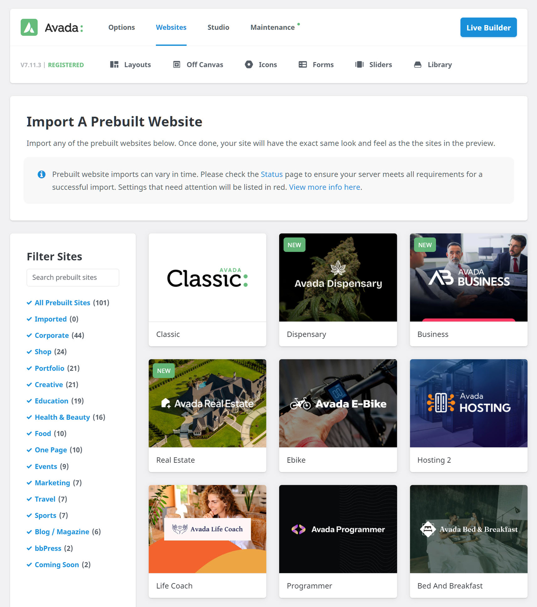 Avada Dashboard > Websites