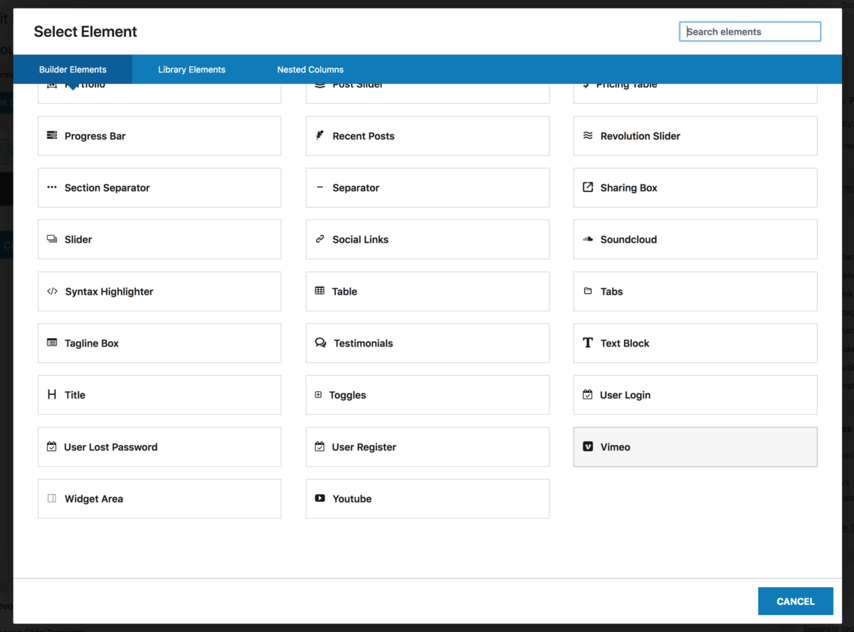 Avada Builder Vimeo Element Fusion Builder Elements Screen