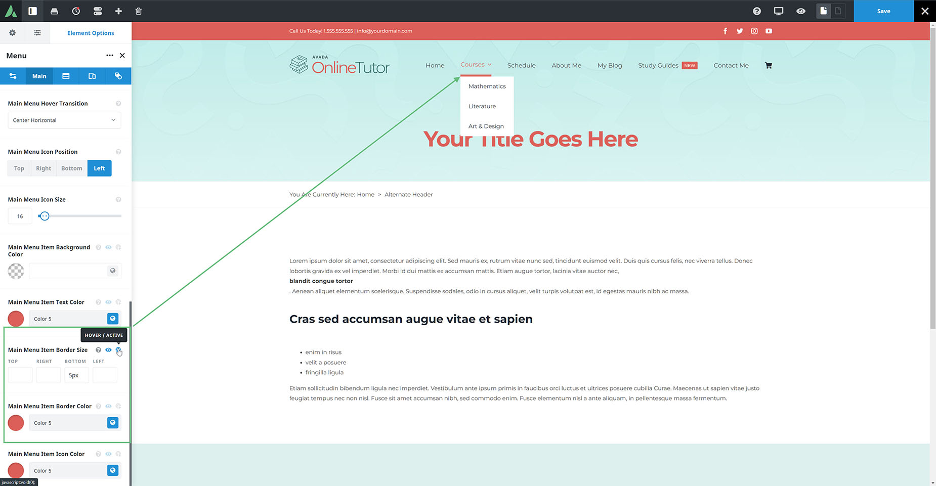 Header > Set up Border size and color