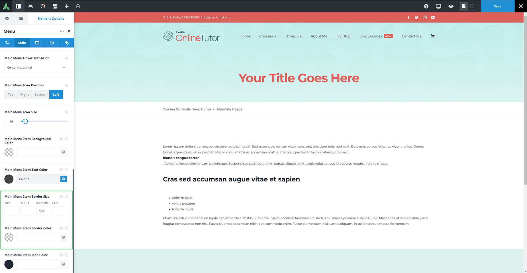 Header > Set up Border size and transparent color