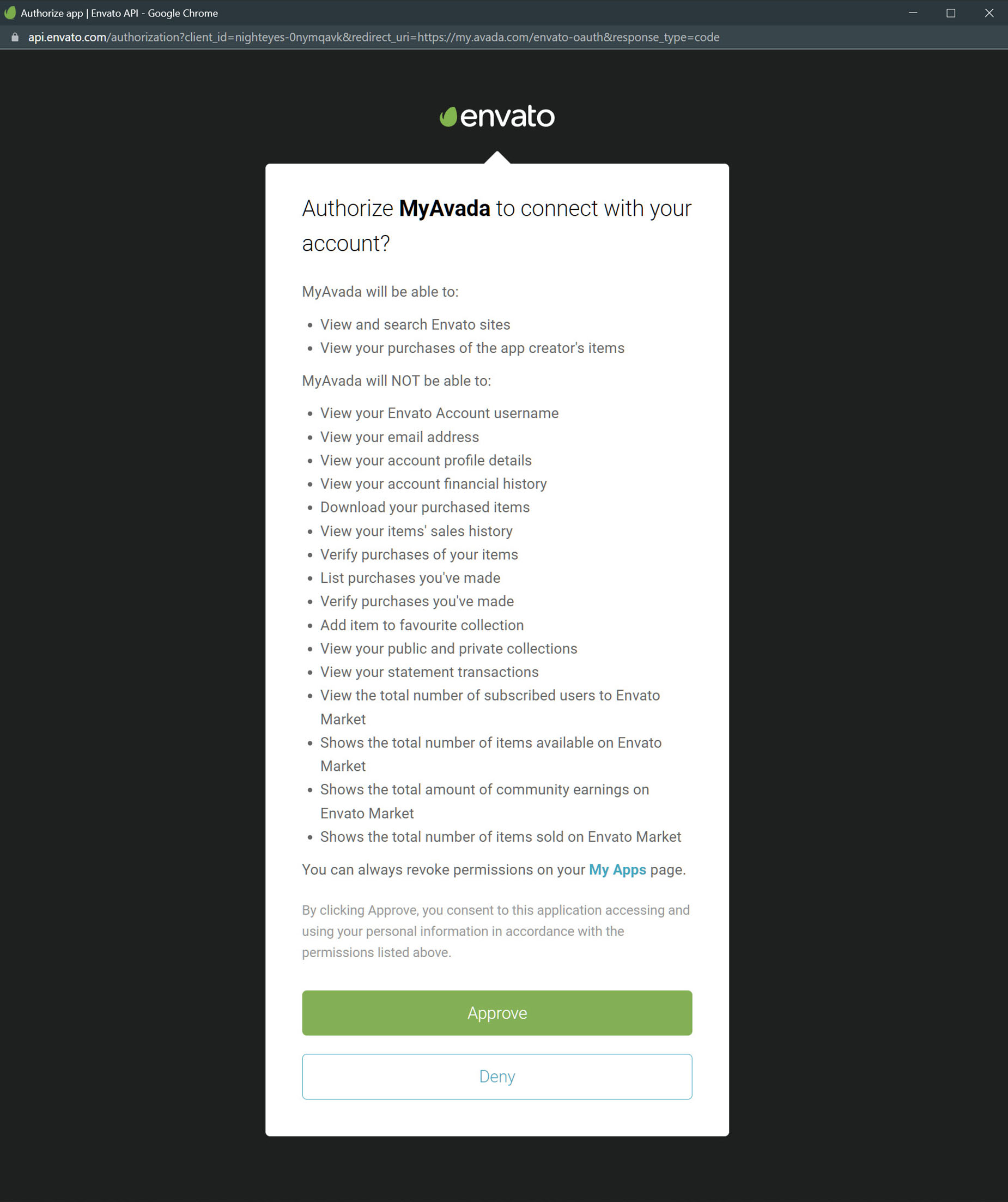 My Avada > Create Account > Envato Connection > My Avada Approval