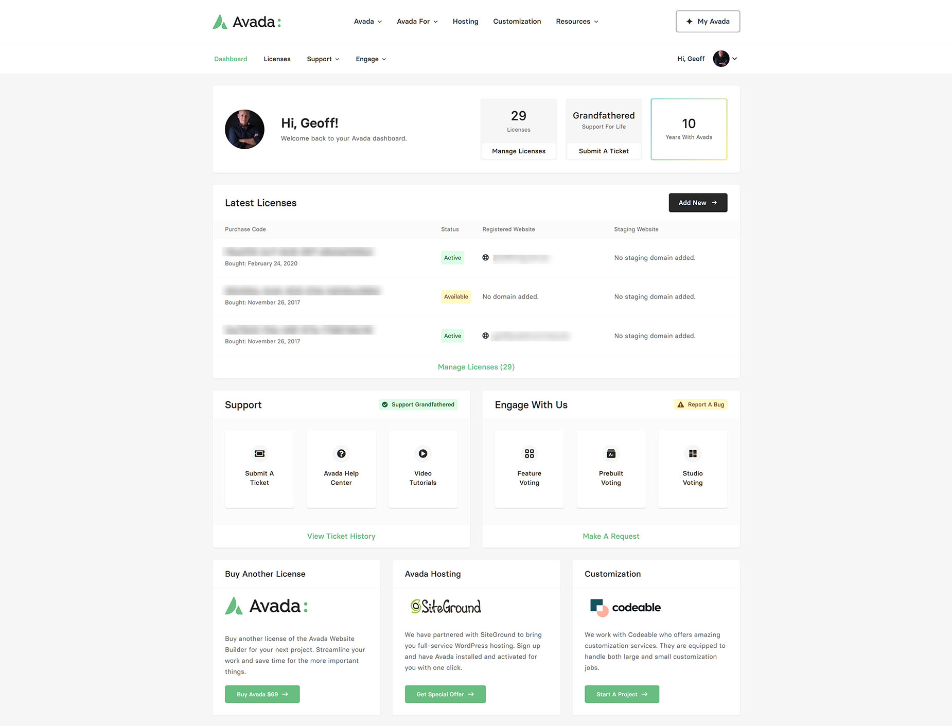 My Avada Dashboard