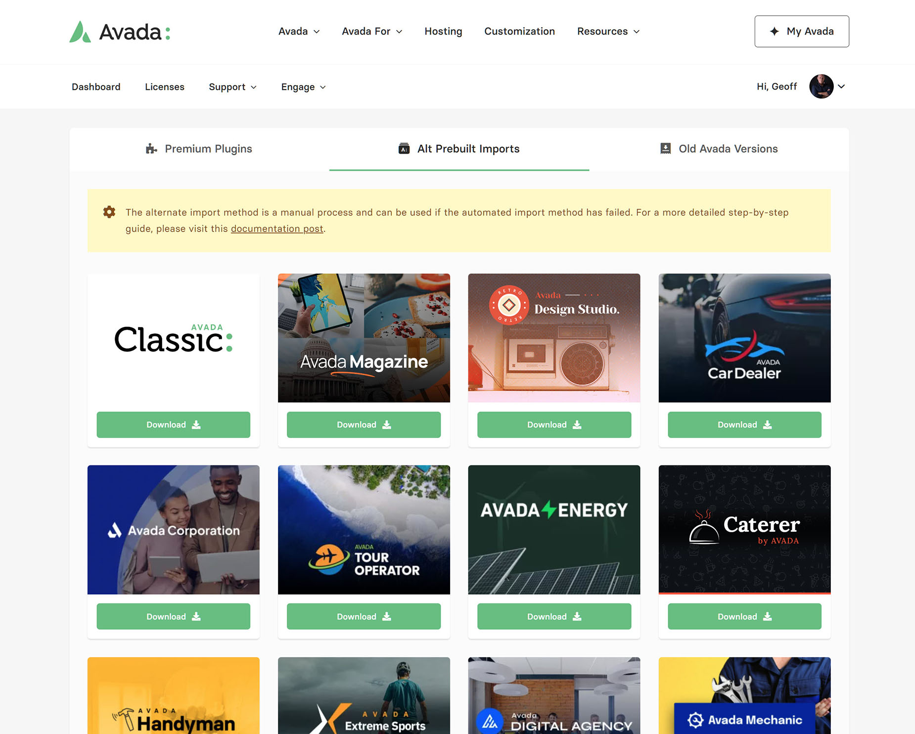 My Avada > Support > Downloads > Prebuilts