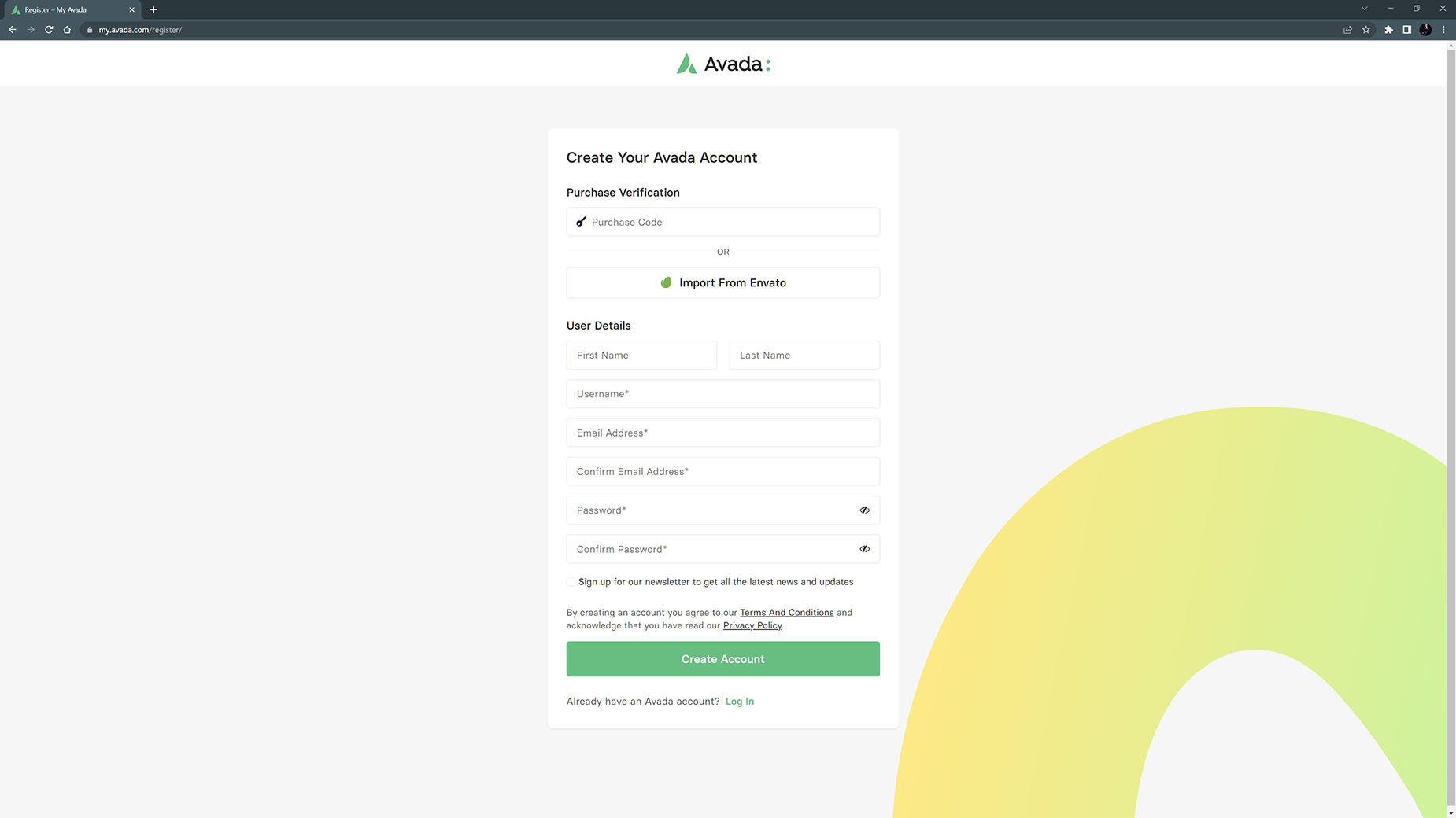 My Avada > Create Account
