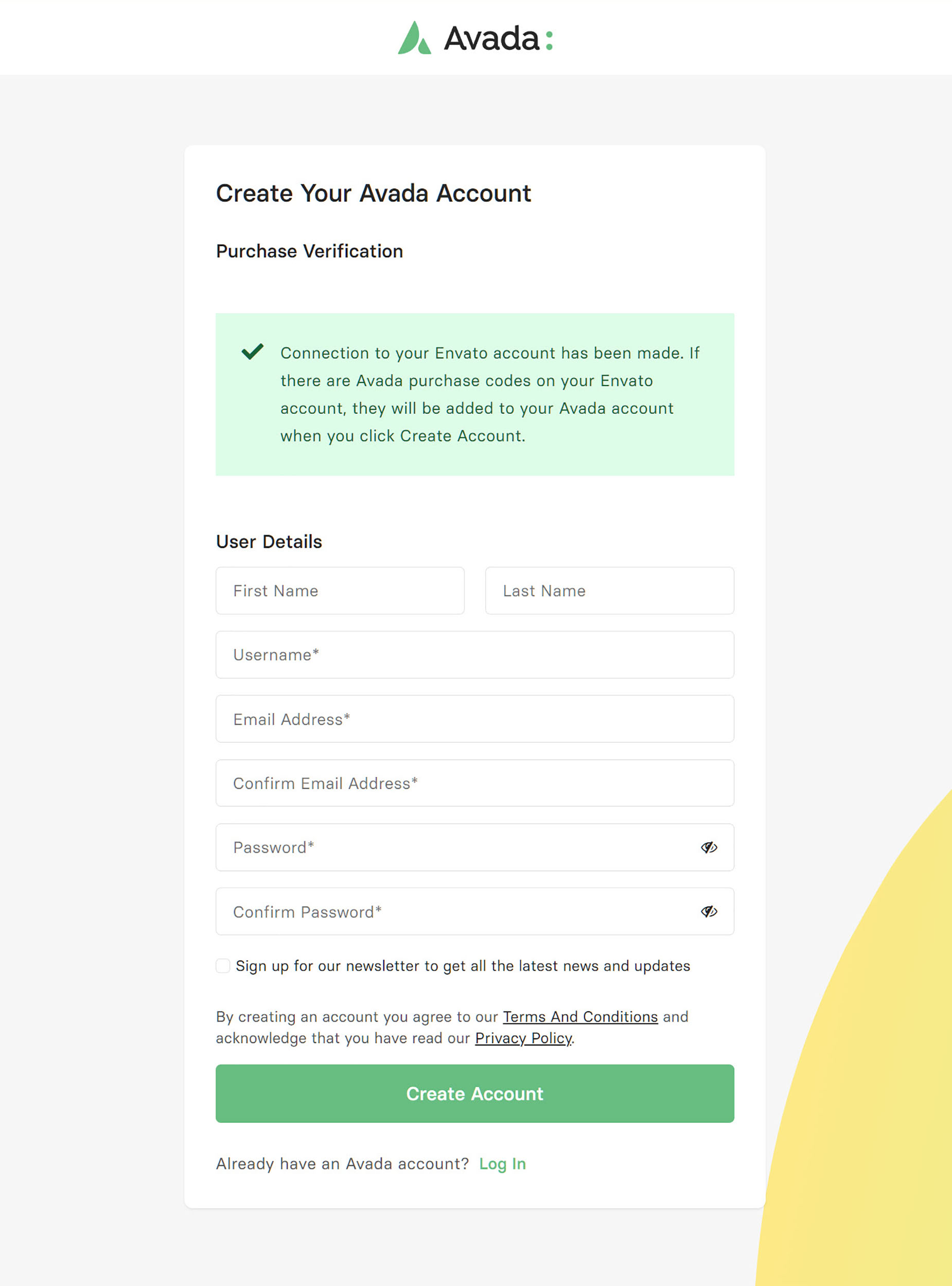 My Avada > Create Account > Envato Connection Successful